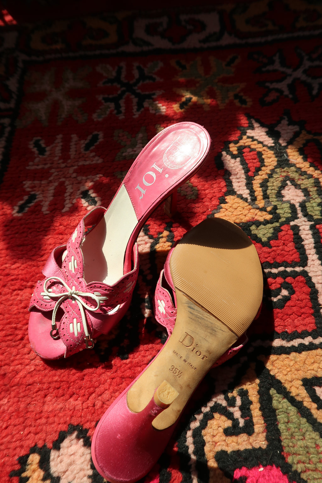 Vintage Christian Dior Pink Leather Heels – Logo Mules with Bow Detail