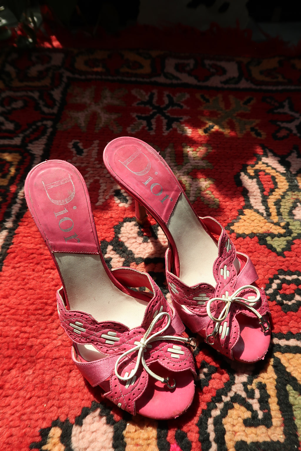 Vintage Christian Dior Pink Leather Heels – Logo Mules with Bow Detail