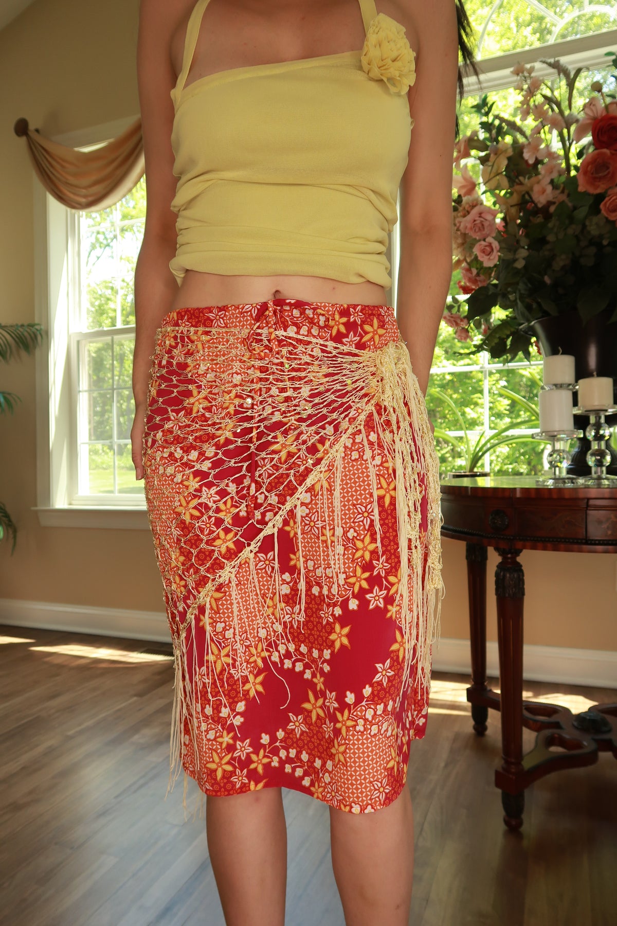 Vintage butter yellow sequin fringe shawl wrap by Elektra Vintage, showing shimmering sequins and elegant fringe detail.
