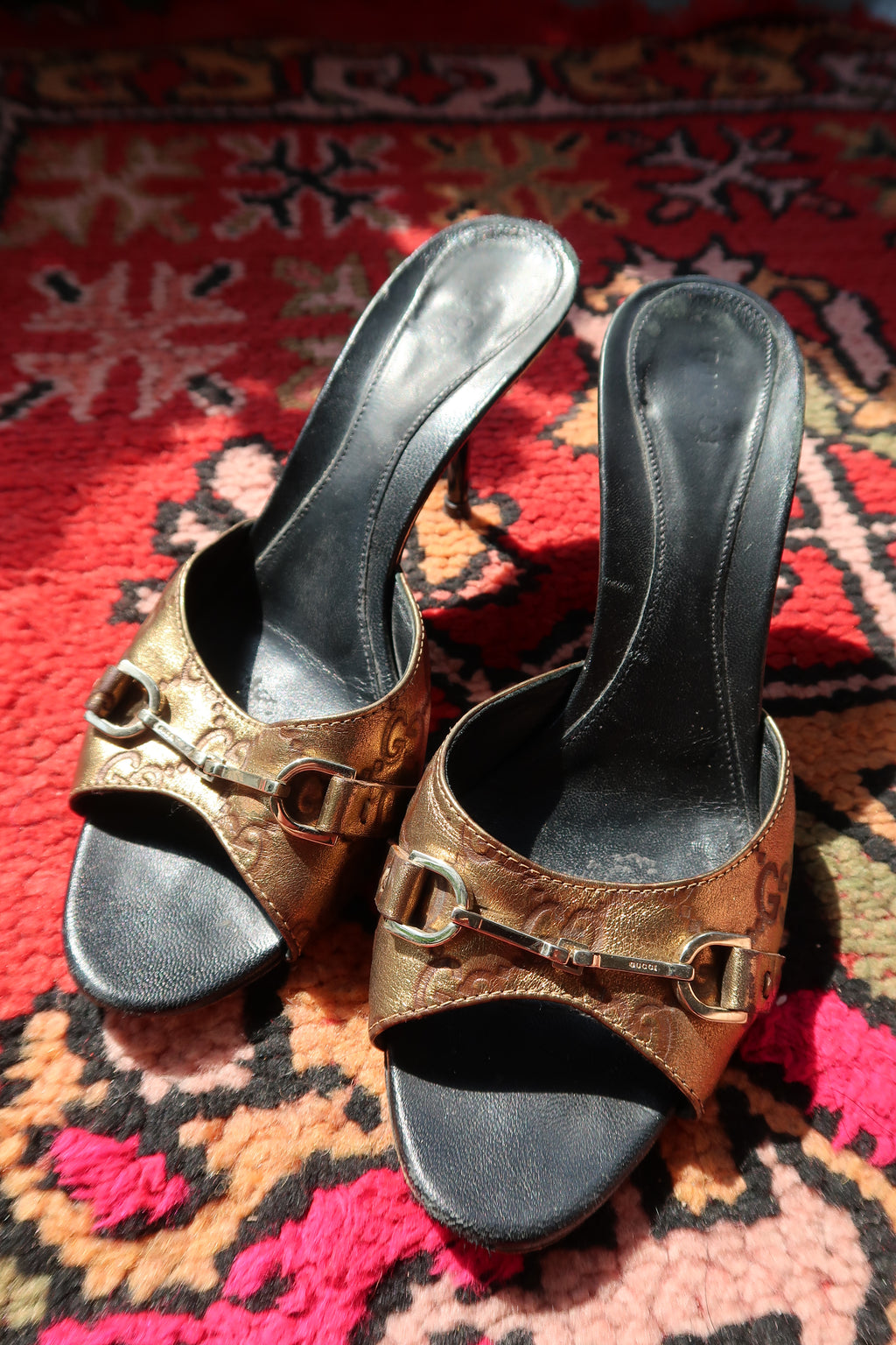 Vintage Gucci GG Monogram Horsebit Mules – Metallic Gold & Black