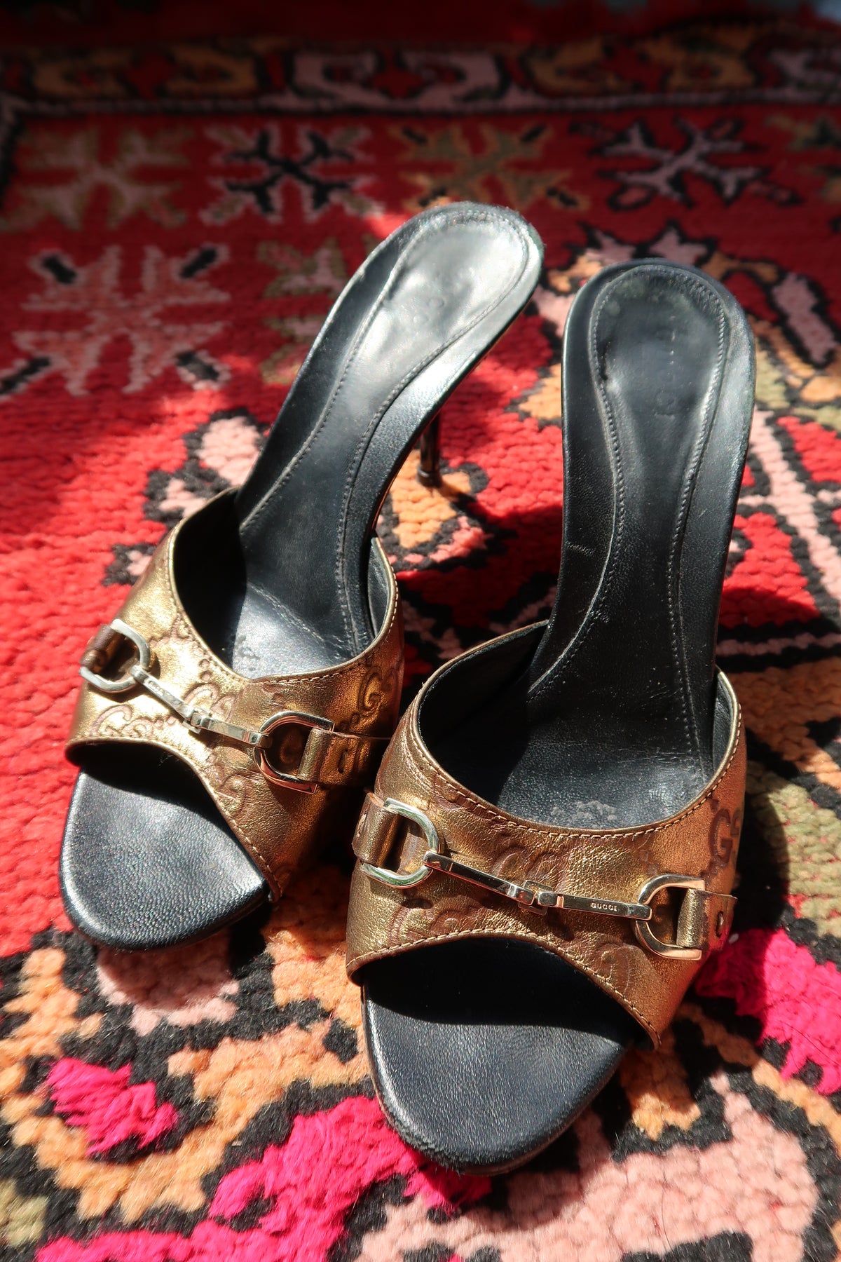 Vintage Gucci GG Monogram Horsebit Mules – Metallic Gold & Black