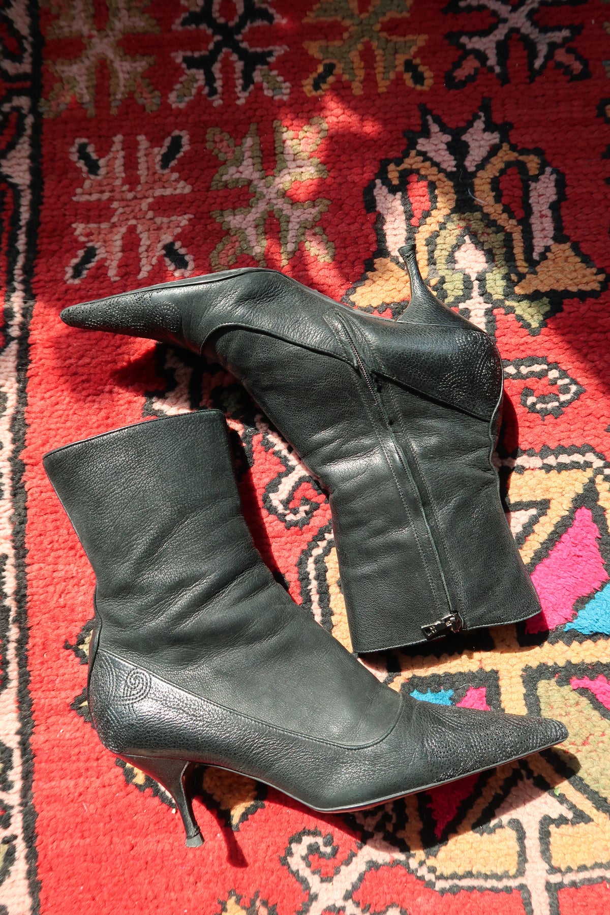 Vintage Prada Black Leather Kitten Heel Boots – Pointed Toe Mid-Calf Boots