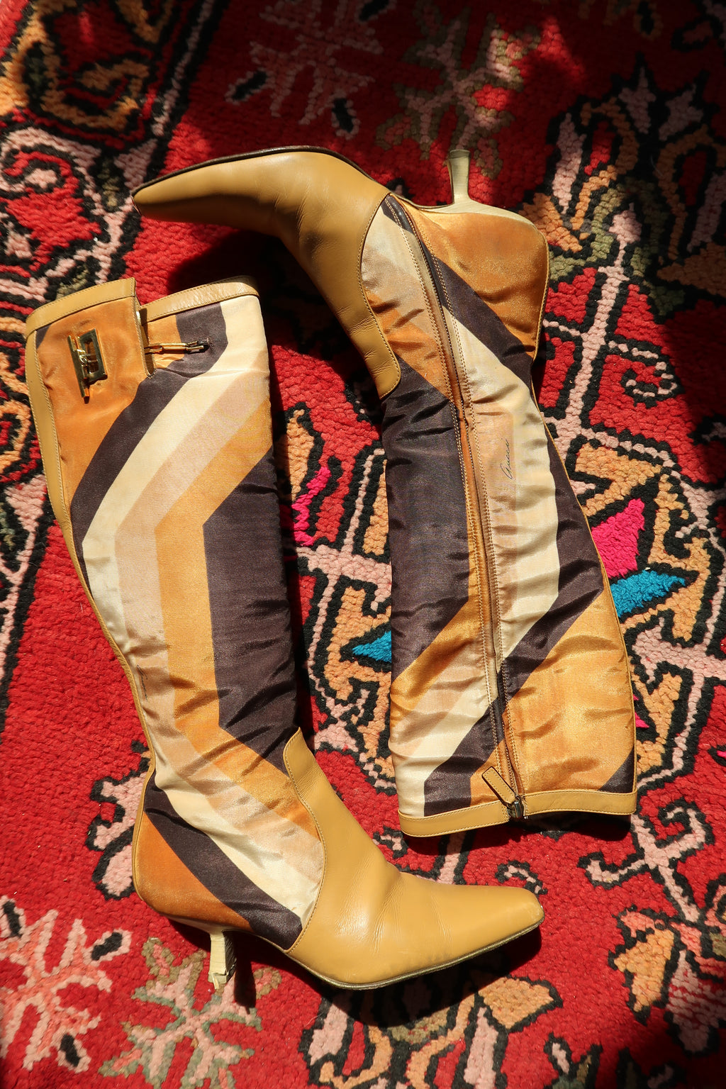 Vintage Gucci by Tom Ford Fall/Winter 2000 leather boots with printed silk and a stylish heel.