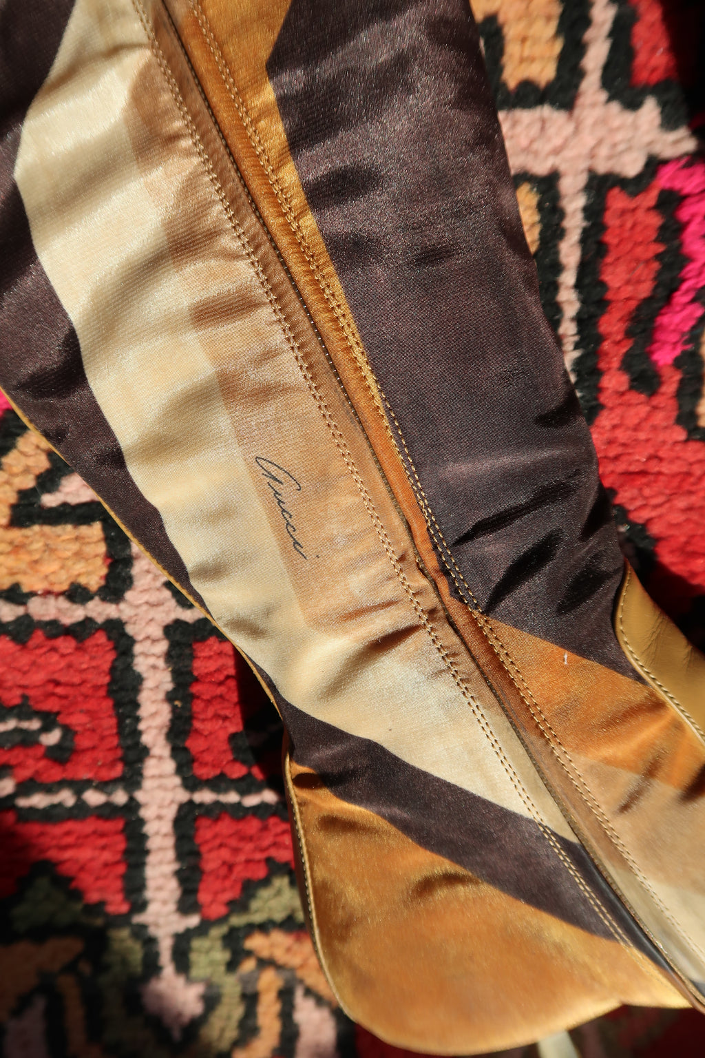 Gucci by Tom Ford vintage leather boots with iconic printed silk and heeled design from Fall/Winter 2000 collection.