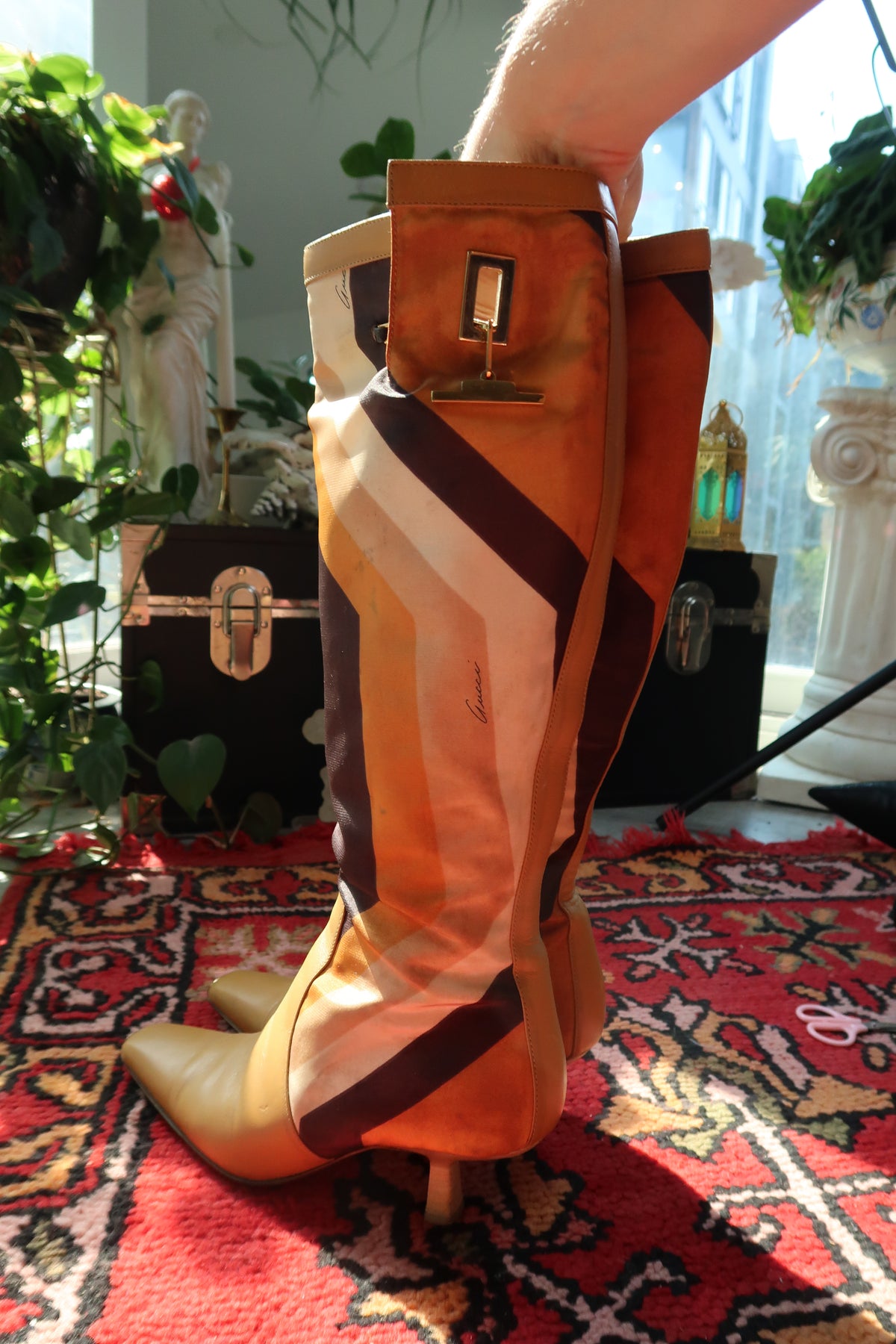 Vintage Gucci by Tom Ford Fall/Winter 2000 leather boots with printed silk and elegant heels.