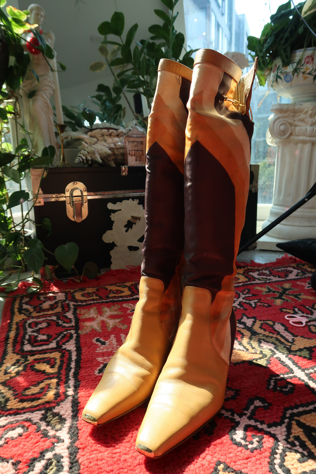 Gucci by Tom Ford vintage silk heeled boots with leather and iconic printed design, Fall/Winter 2000 collection.
