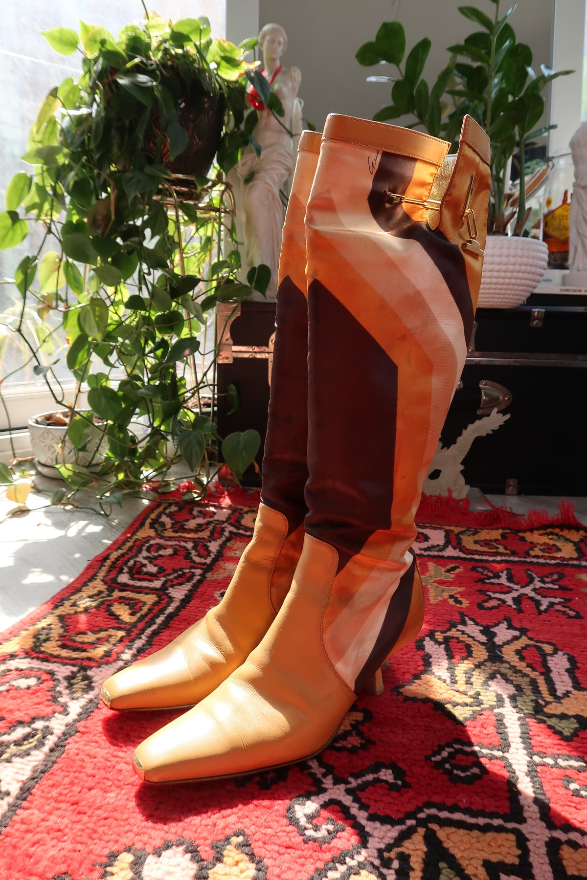 Vintage Gucci by Tom Ford leather boots with iconic printed silk and heels from Fall/Winter 2000 collection.