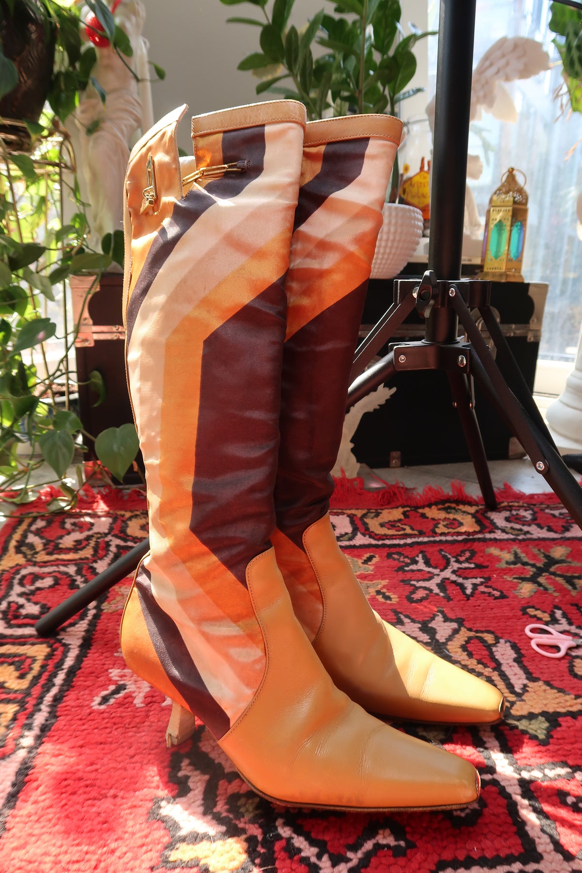 Gucci by Tom Ford vintage silk heeled boots with leather details, featuring iconic printed design from Fall/Winter 2000.