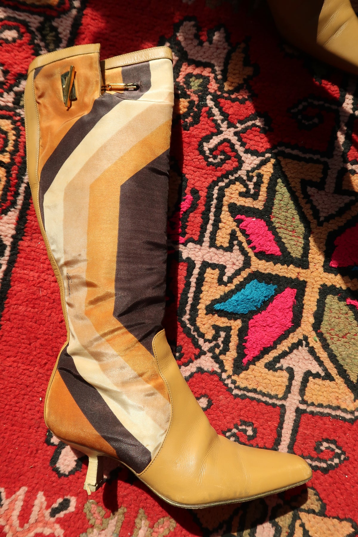 Gucci by Tom Ford vintage silk heeled boots with iconic print and leather details from Fall/Winter 2000 collection.