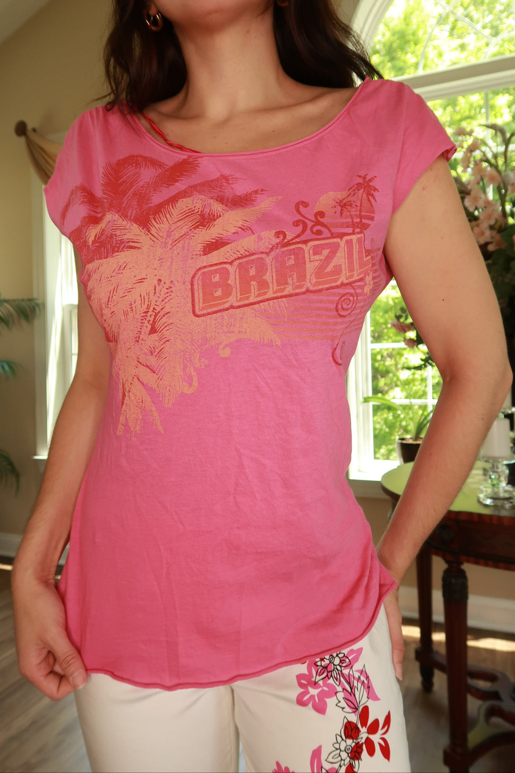 Vintage Guess pink Brazil graphic open-back women's top by Elektra Vintage, featuring a stylish tropical print and open back design.