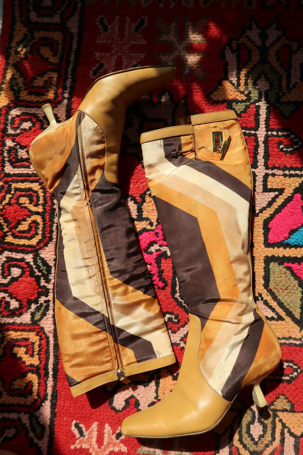 Vintage Gucci by Tom Ford silk heeled boots with leather accents and iconic print, Fall/Winter 2000 collection.