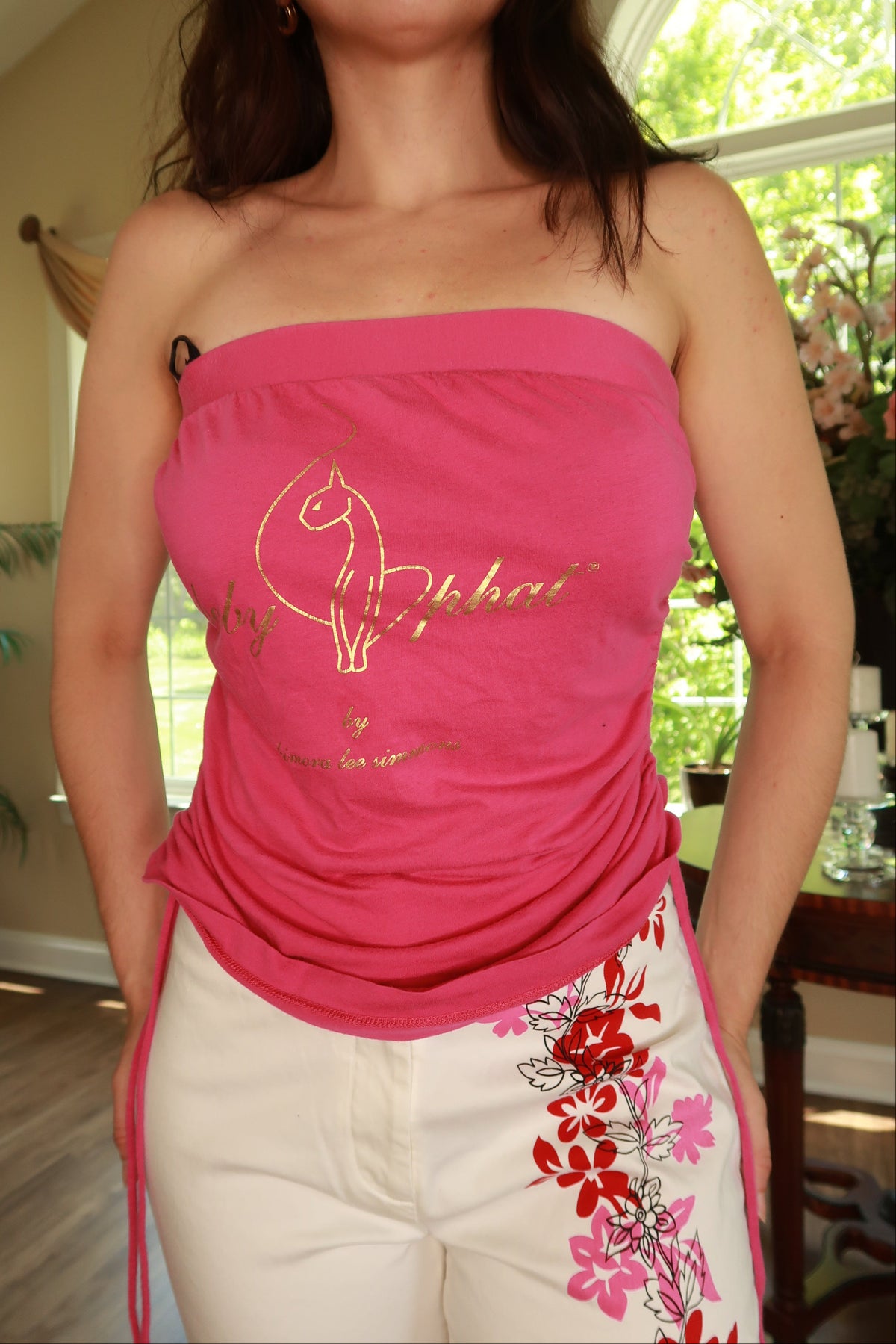 Vintage Baby Phat pink logo tube top for women, featuring bold branding and a fitted style, by Elektra Vintage.