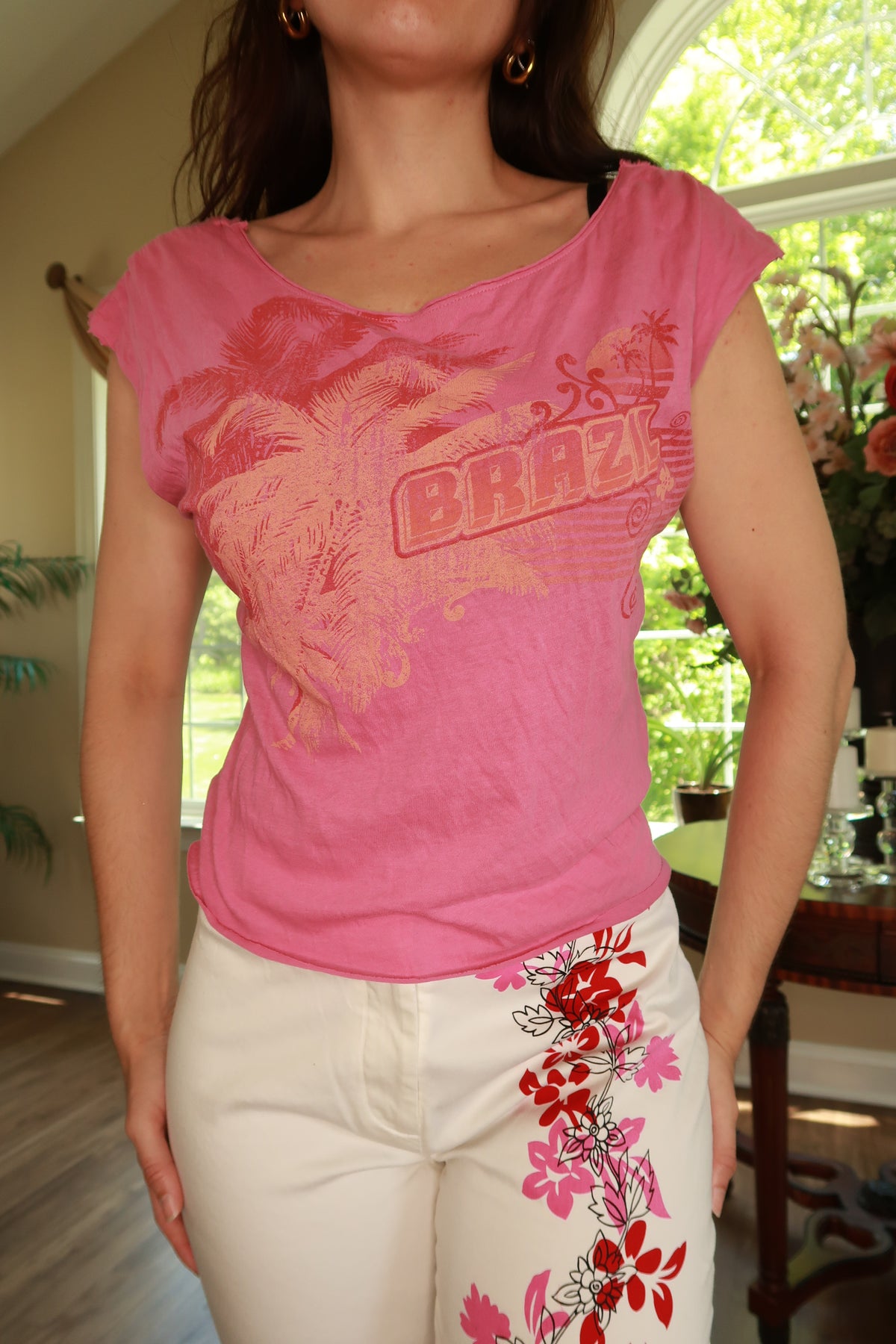 Vintage Guess pink Brazil graphic open-back cropped top for women, stylish and trendy from Elektra Vintage.