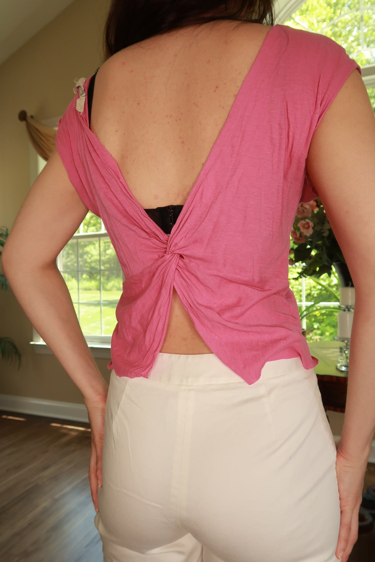 Vintage Guess pink Brazil graphic open-back cropped top for women, featuring bold print and stylish open back design.