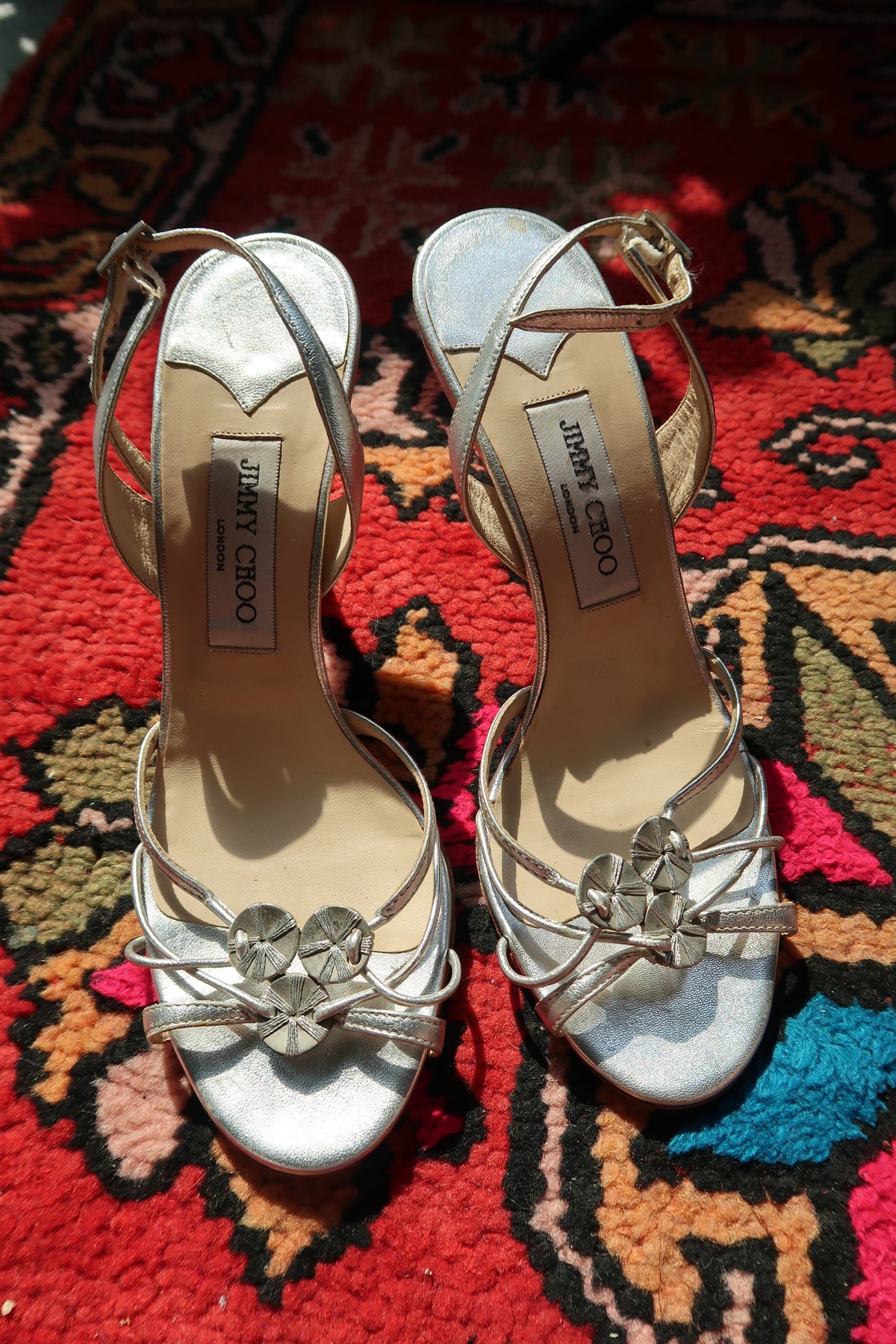 Vintage Jimmy Choo Silver Strappy Heels – Metallic Leather Heels
