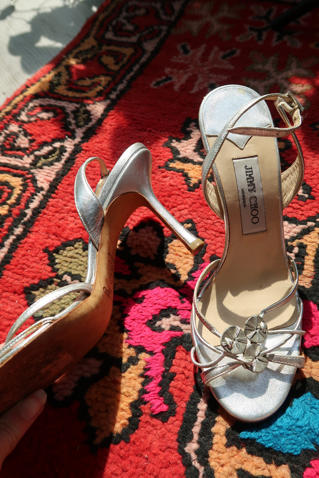 Vintage Jimmy Choo Silver Strappy Heels – Metallic Leather Heels