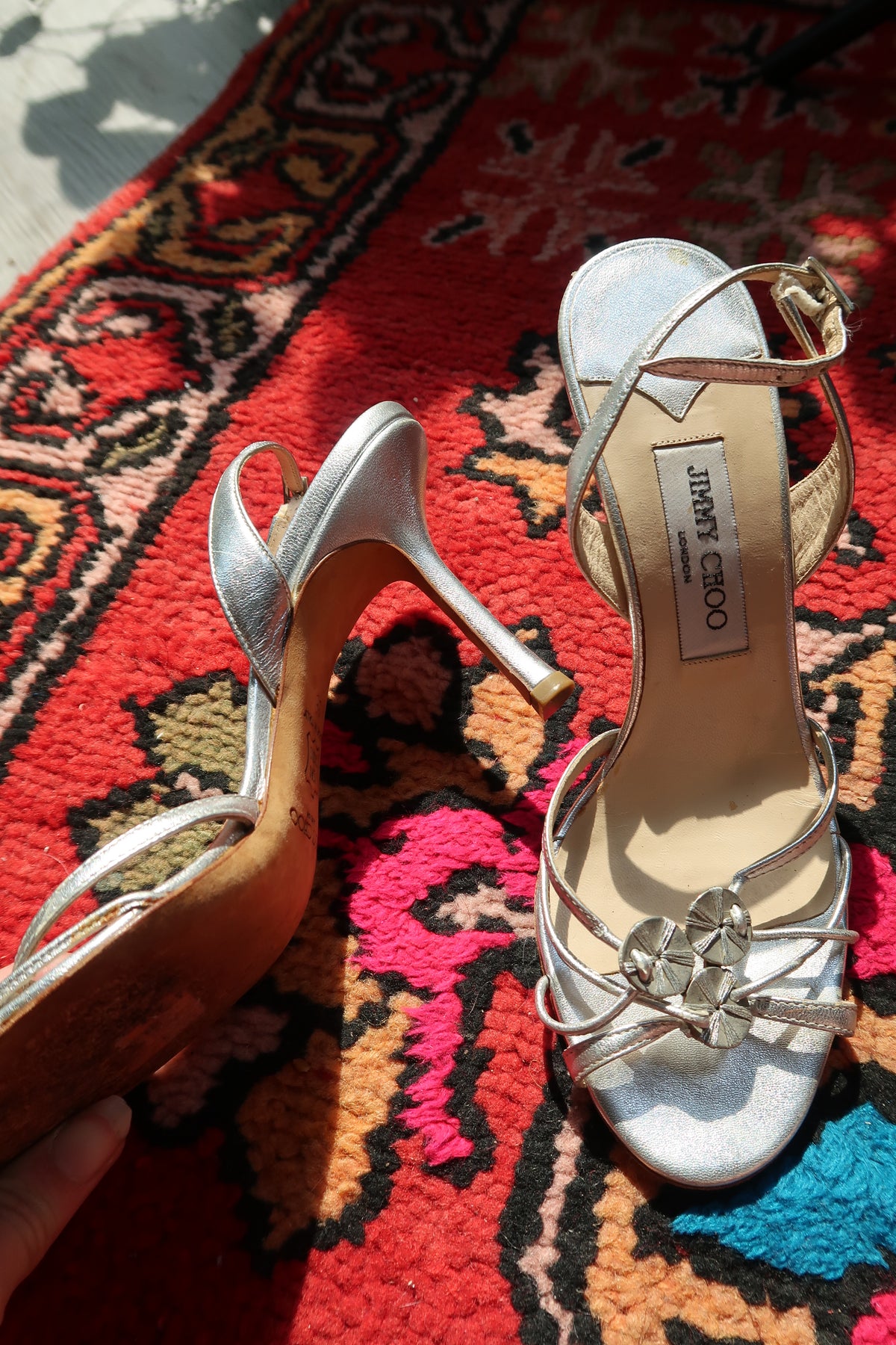 Vintage Jimmy Choo Silver Strappy Heels – Metallic Leather Heels