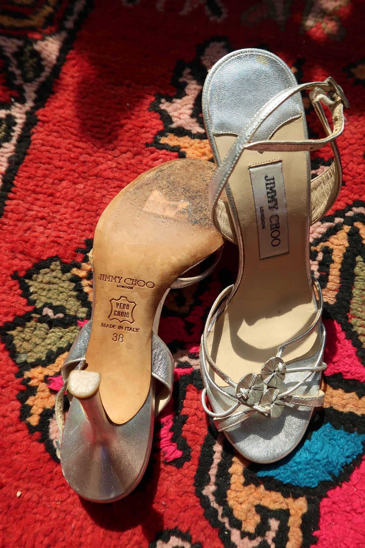 Vintage Jimmy Choo Silver Strappy Heels – Metallic Leather Heels