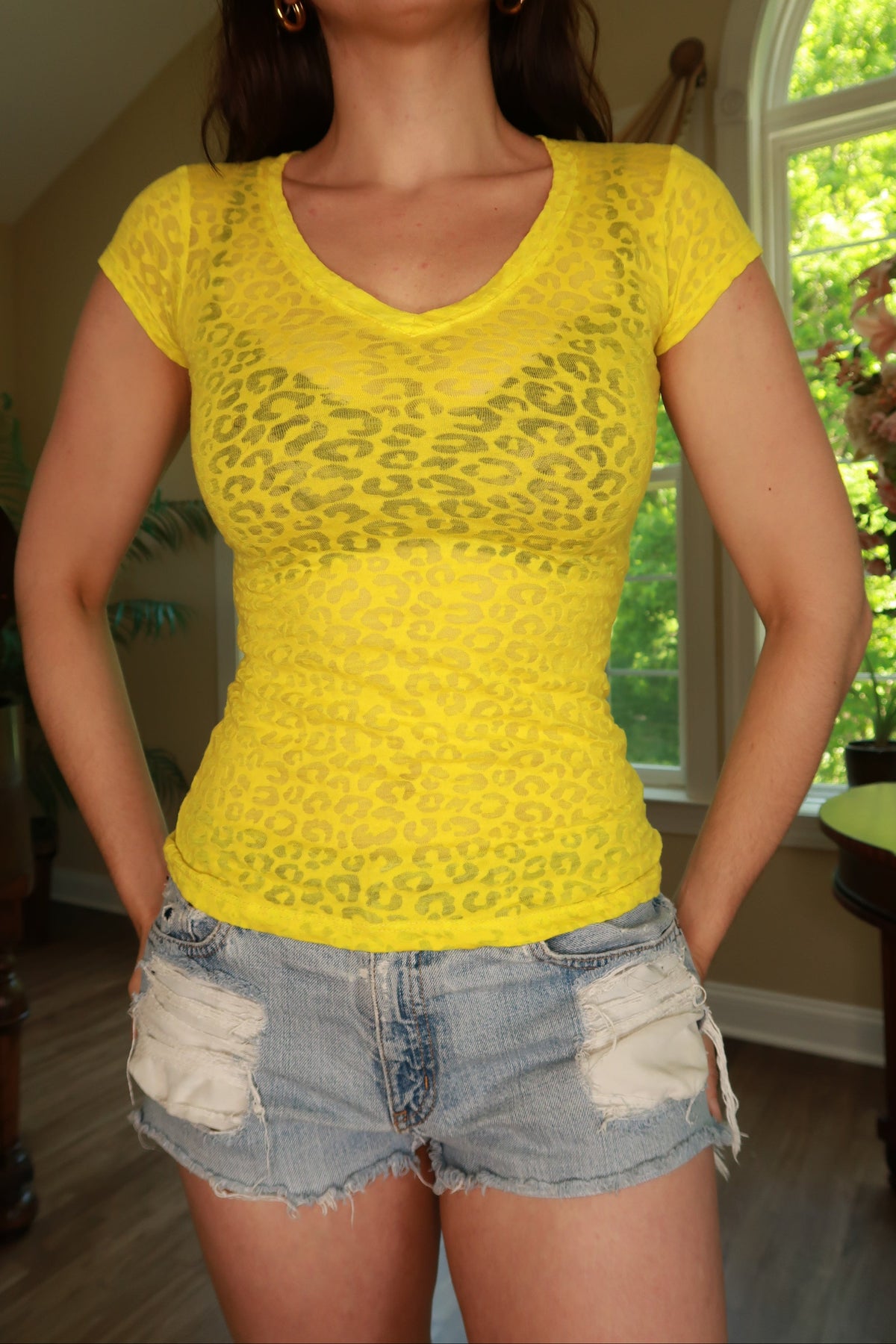 Vintage 2000s neon yellow burnout leopard print women's top by Elektra Vintage, casual and trendy with bold animal pattern.
