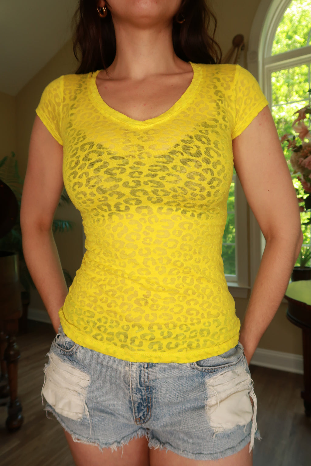 Vintage 2000s Neon Yellow Burnout Leopard Print Women's Top by Elektra Vintage, featuring bold animal print fabric.