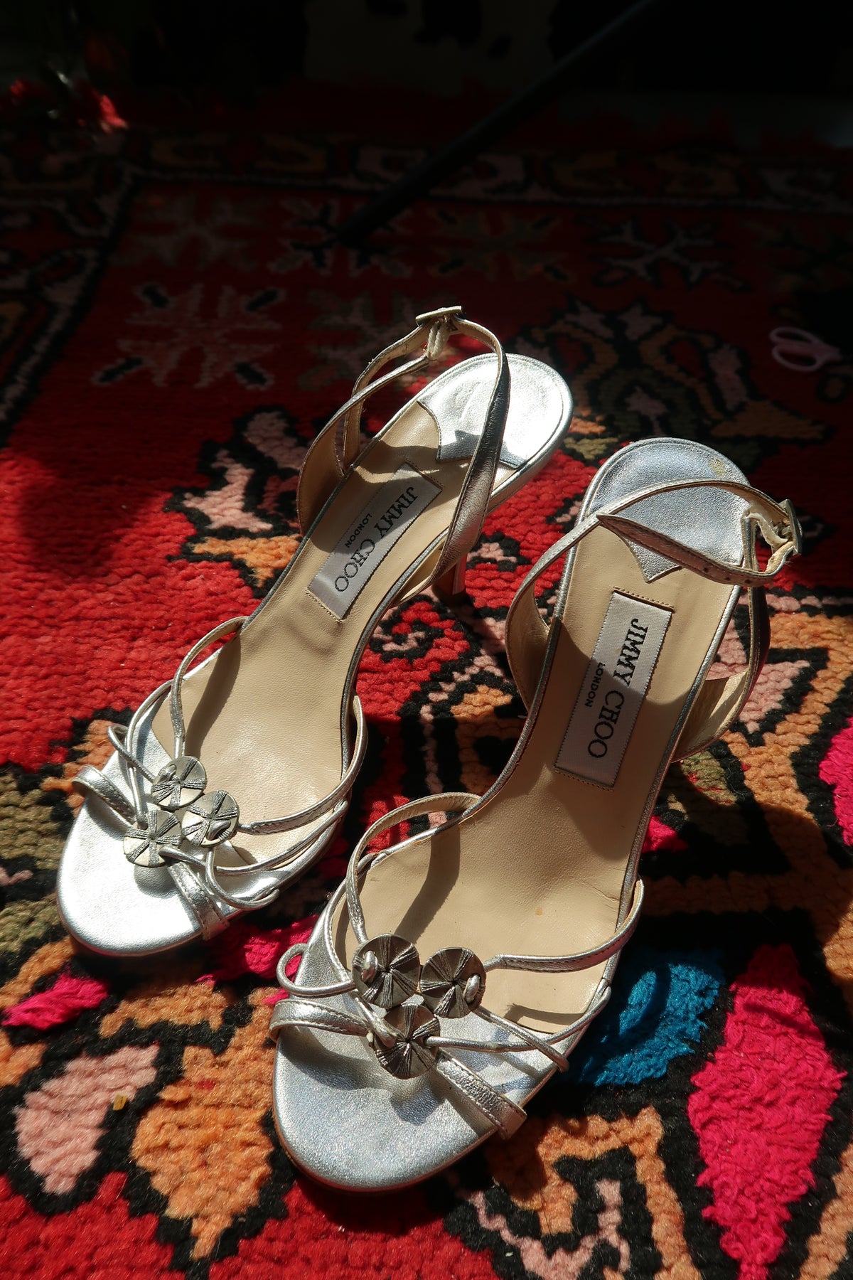 Vintage Jimmy Choo Silver Strappy Heels – Metallic Leather Heels
