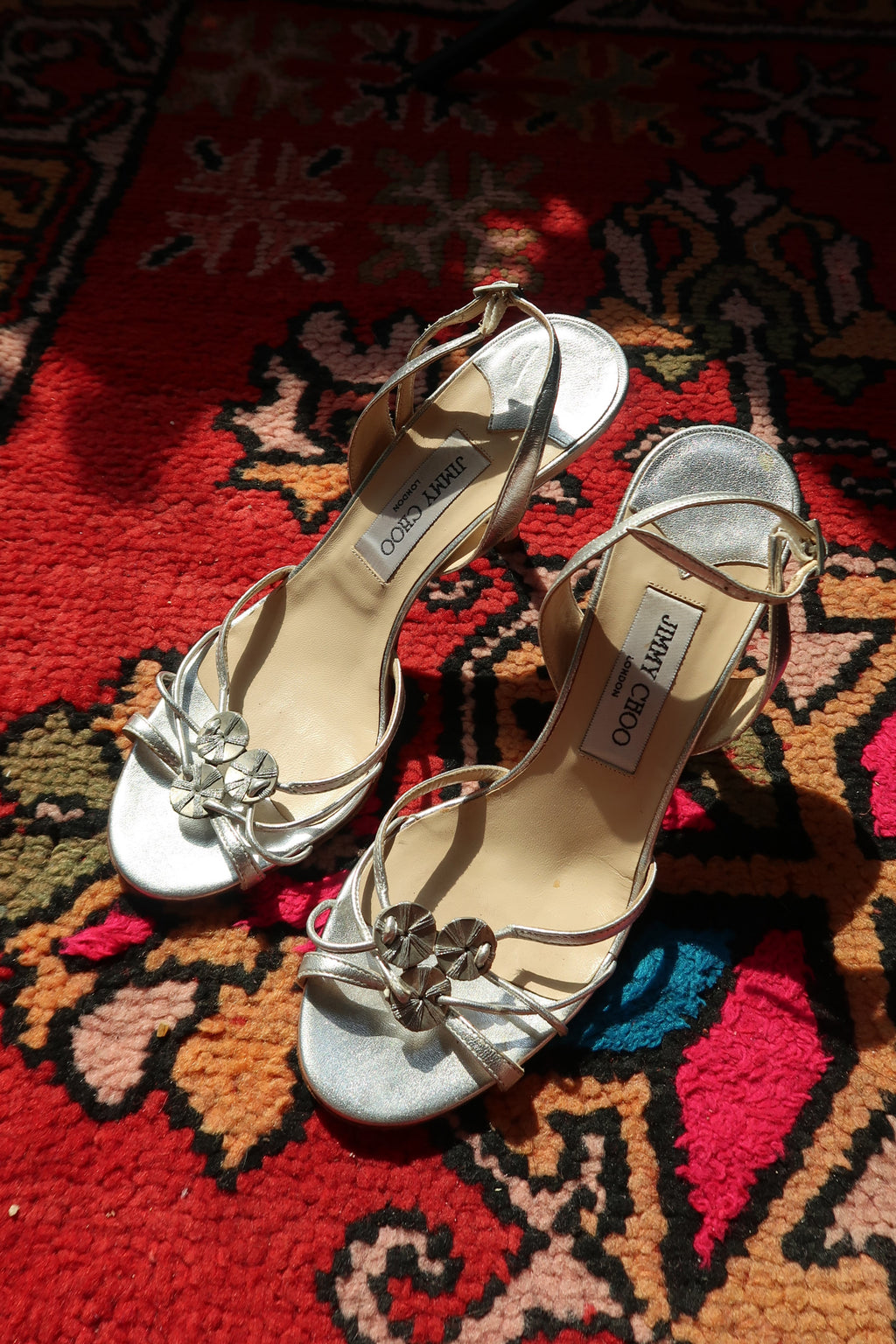 Vintage Jimmy Choo Silver Strappy Heels – Metallic Leather Heels