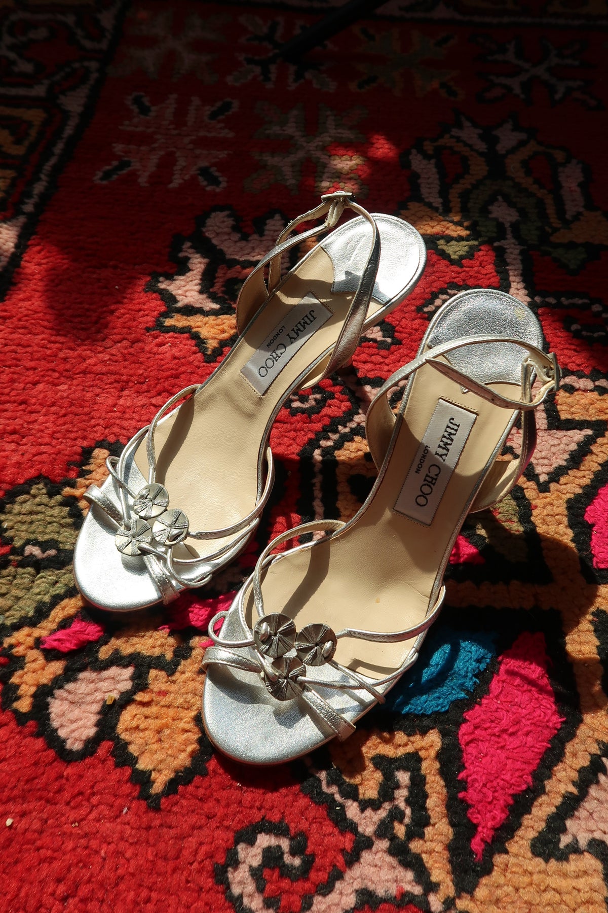 Vintage Jimmy Choo Silver Strappy Heels – Metallic Leather Heels