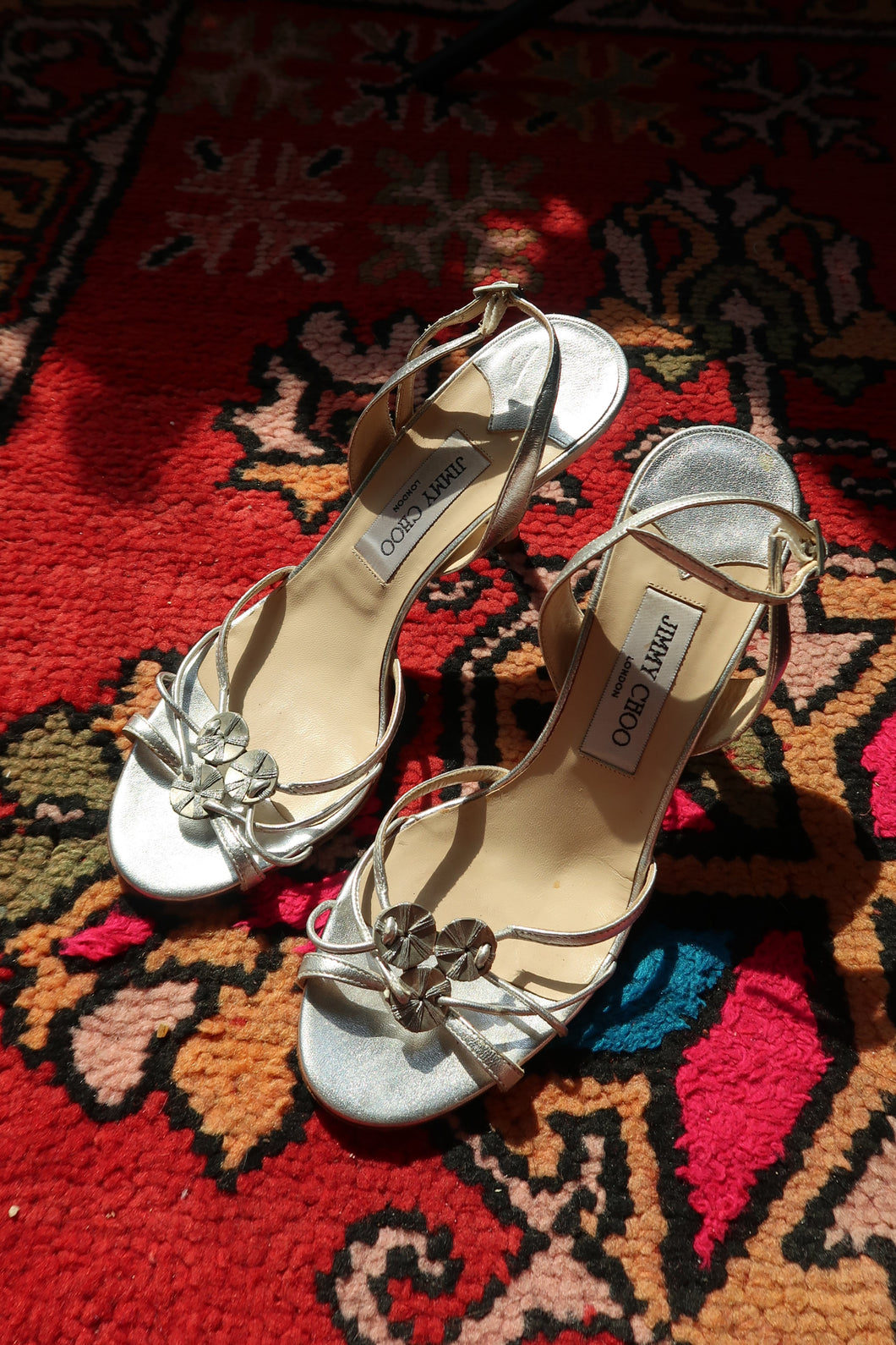 Vintage Jimmy Choo Silver Strappy Heels – Metallic Leather Heels
