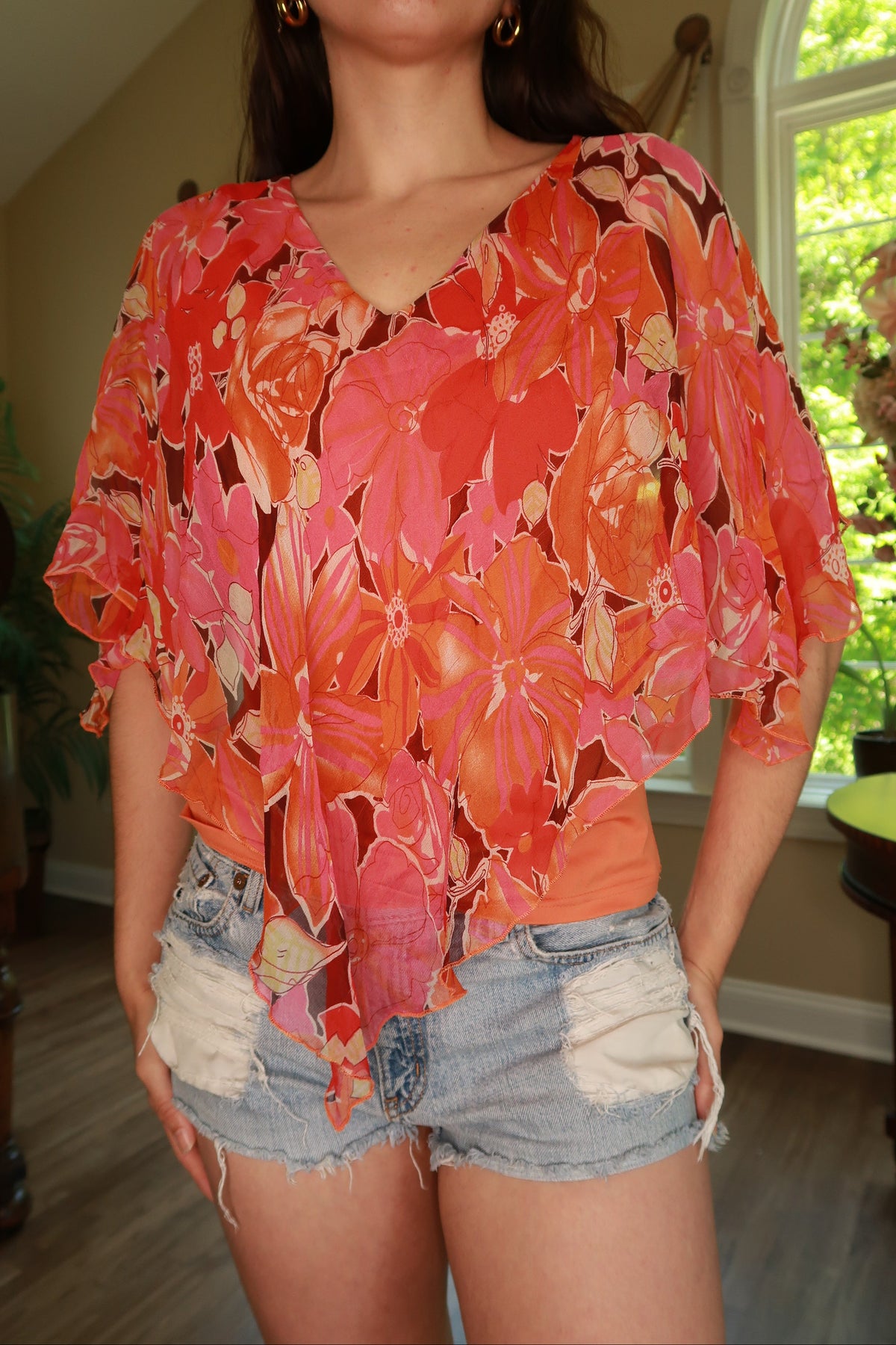 Elektra Vintage women's pink and orange floral silk chiffon overlay blouse, elegant and lightweight top with vintage floral design.