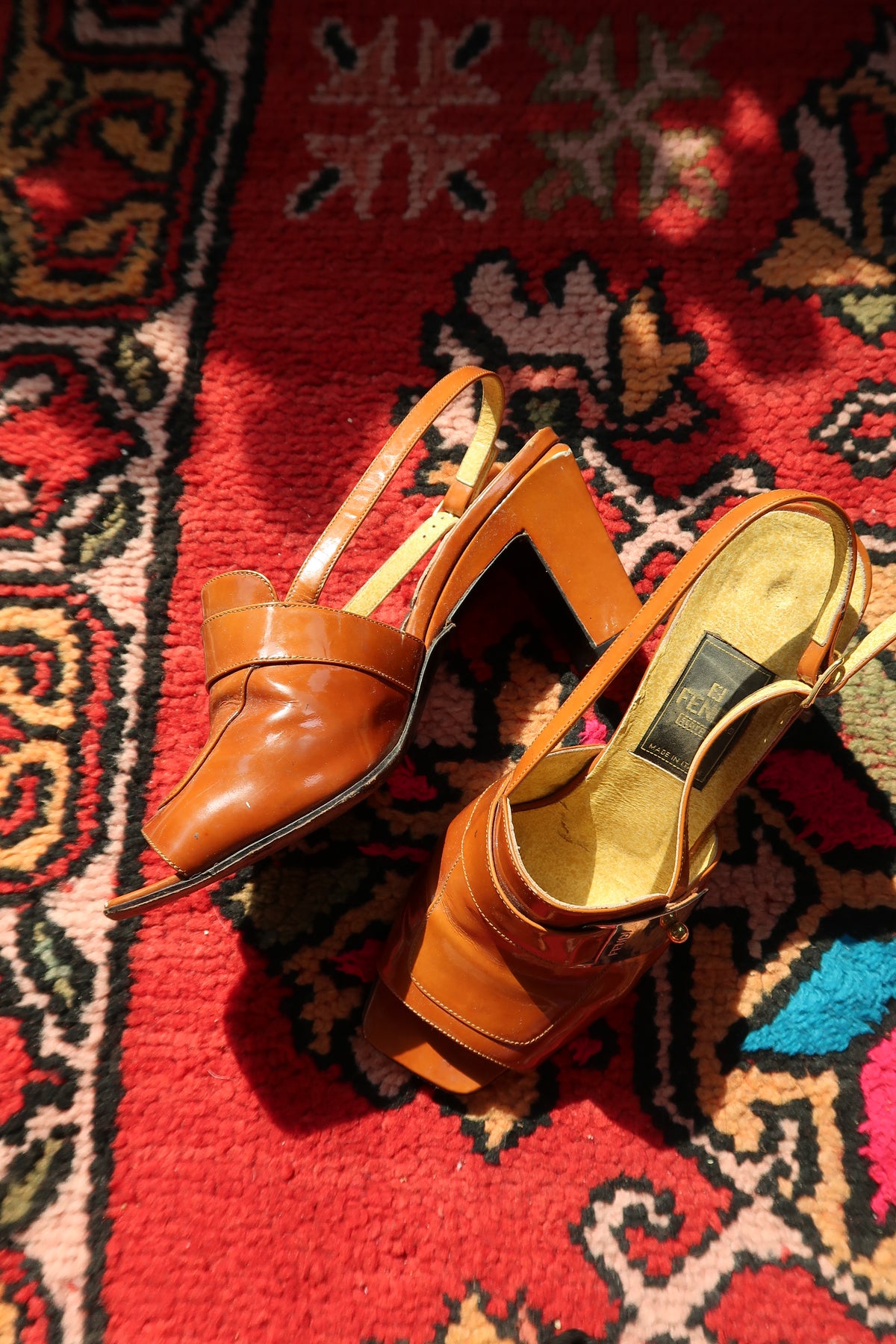 Vintage Fendi Slingback Mules – 90s/2000s Cognac Patent Leather Heels - Elektra Vintage