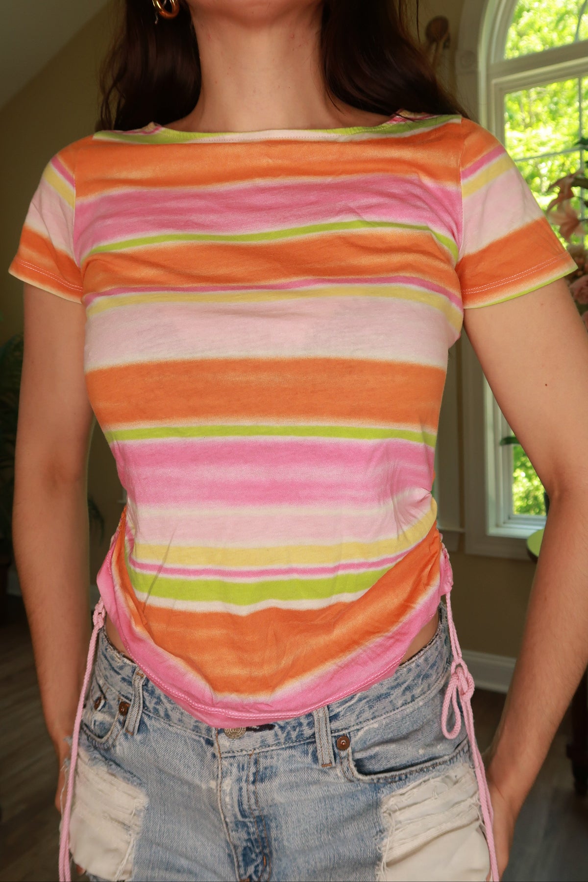 Vintage 2000s pastel stripe ruched side women's top by Elektra Vintage, featuring a fitted silhouette and ruched detail.