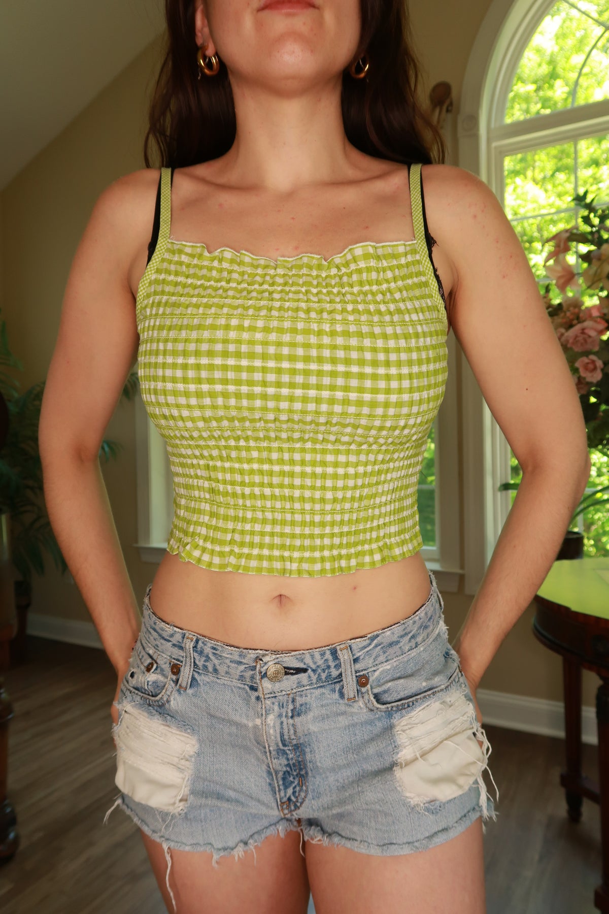 Elektra Vintage women's lime green gingham smocked crop top from the 2000s, featuring a fitted style and casual summer look.