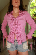 Elektra Vintage 2000s lilac 3D heart tie-front women's blouse with long sleeves and vintage-inspired design.