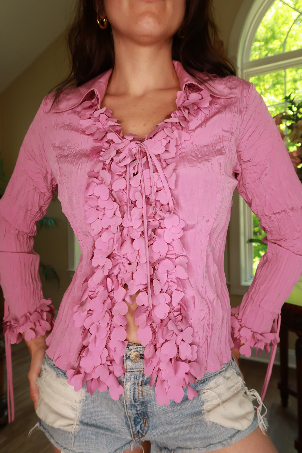 Elektra Vintage women's lilac 2000s 3D heart tie-front blouse with long sleeves and vintage-inspired style.