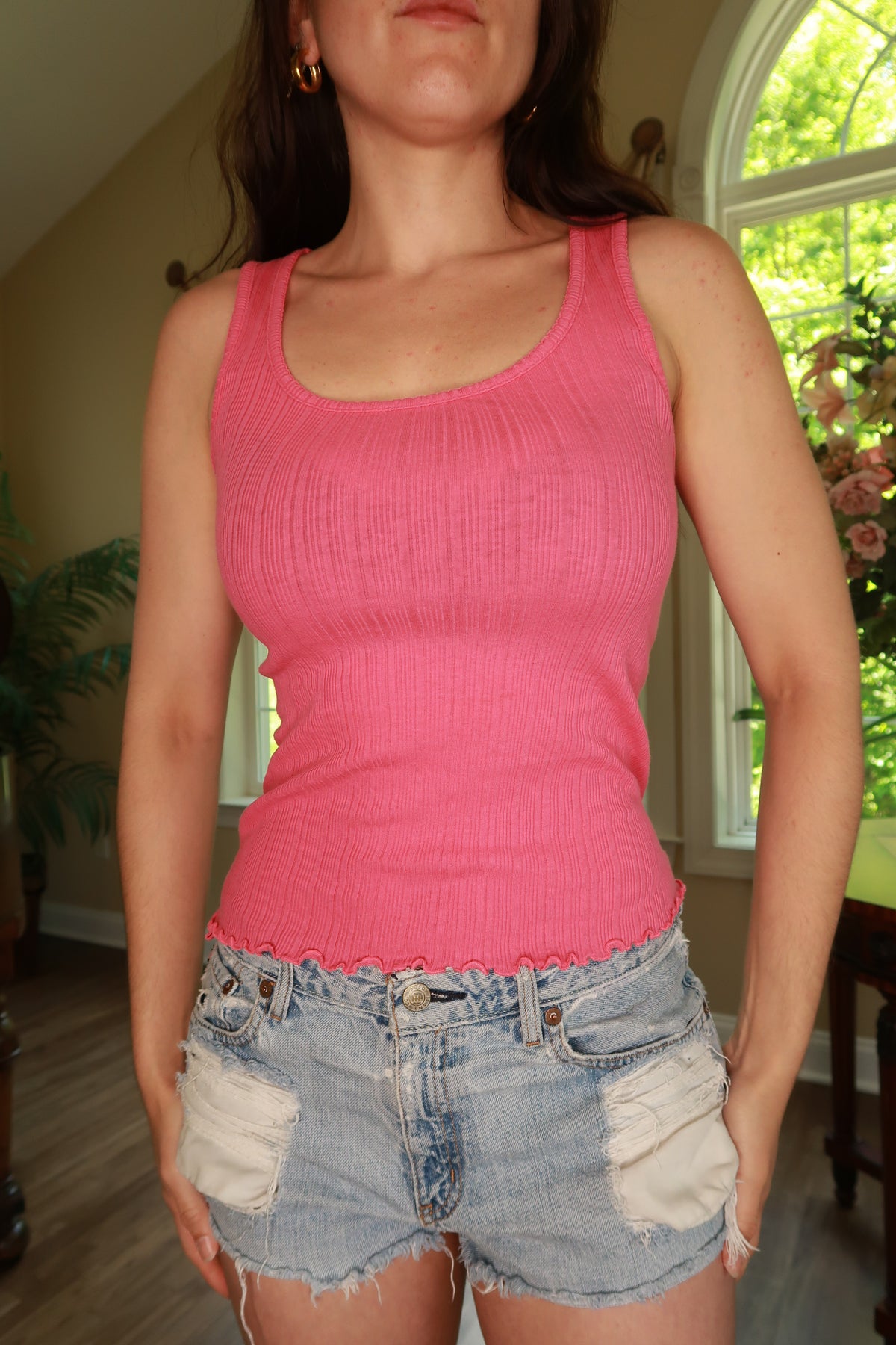 Vintage 2000s DKNY pink ribbed tank top for women, featuring a fitted sleeveless design from Elektra Vintage.