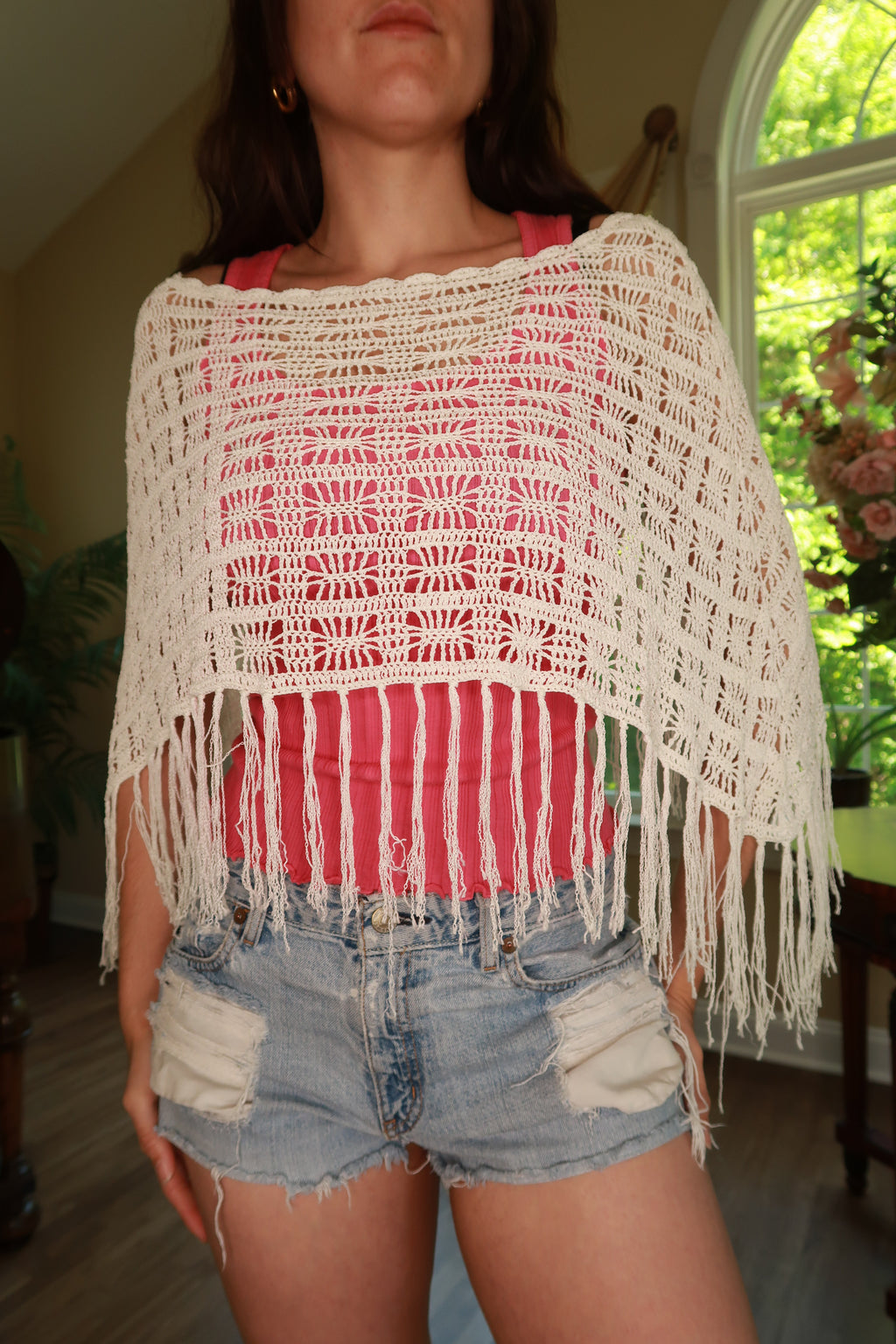 White crochet fringe poncho for women by Elektra Vintage, vintage 2000s top with intricate knit and bohemian style.