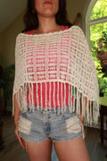 White crochet fringe poncho for women by Elektra Vintage, vintage 2000s top with intricate knit and bohemian style.