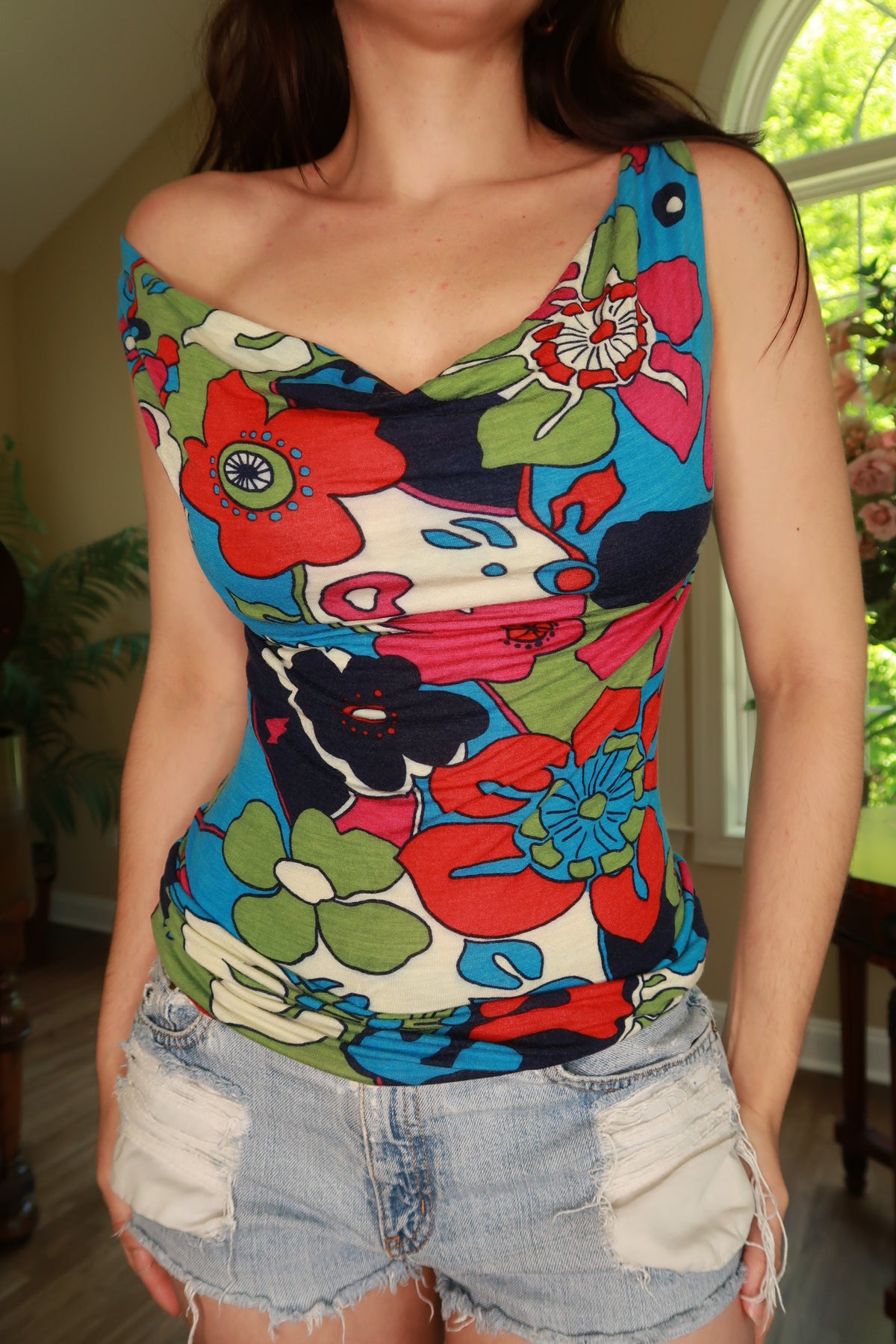 Elektra Vintage women's floral open back cowl neck top, stylish vintage top with floral pattern and draped cowl neckline.