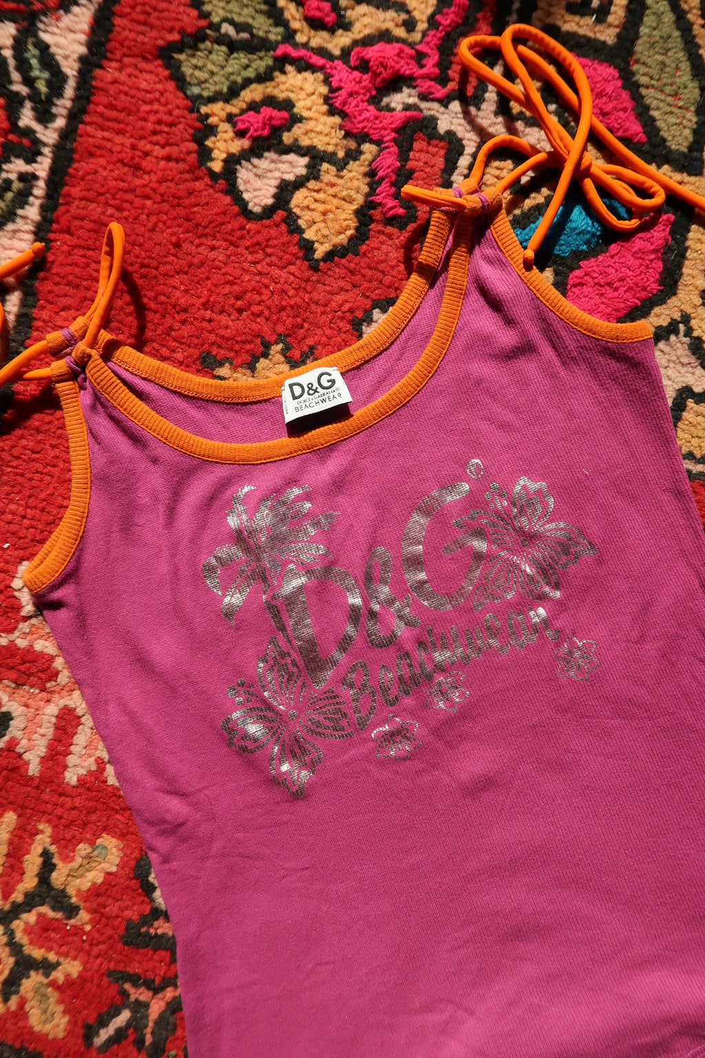 Vintage Dolce & Gabbana purple ribbed metallic logo cami beachwear tank for women, showcasing a Y2K style.