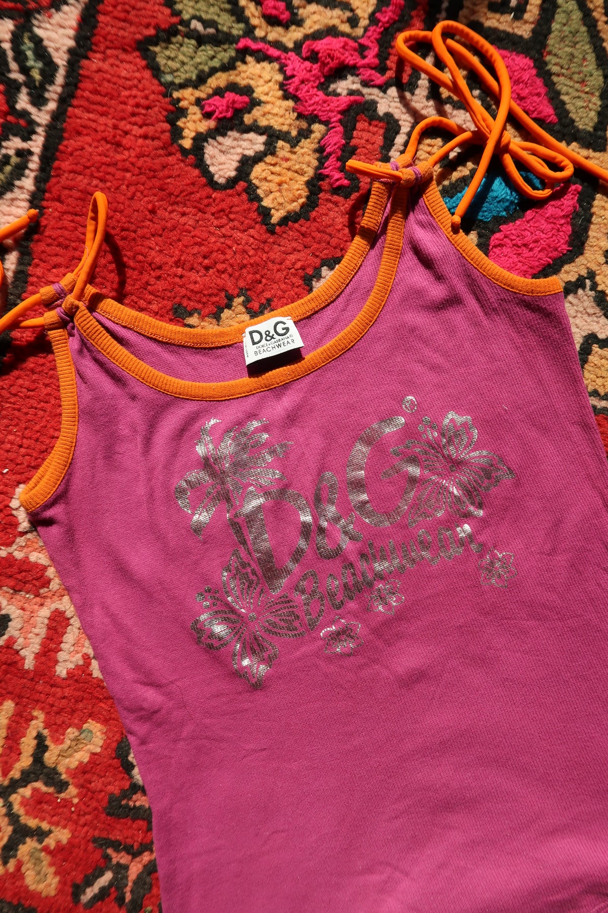 Vintage Dolce & Gabbana purple ribbed metallic logo cami beachwear tank for women, showcasing a Y2K style.