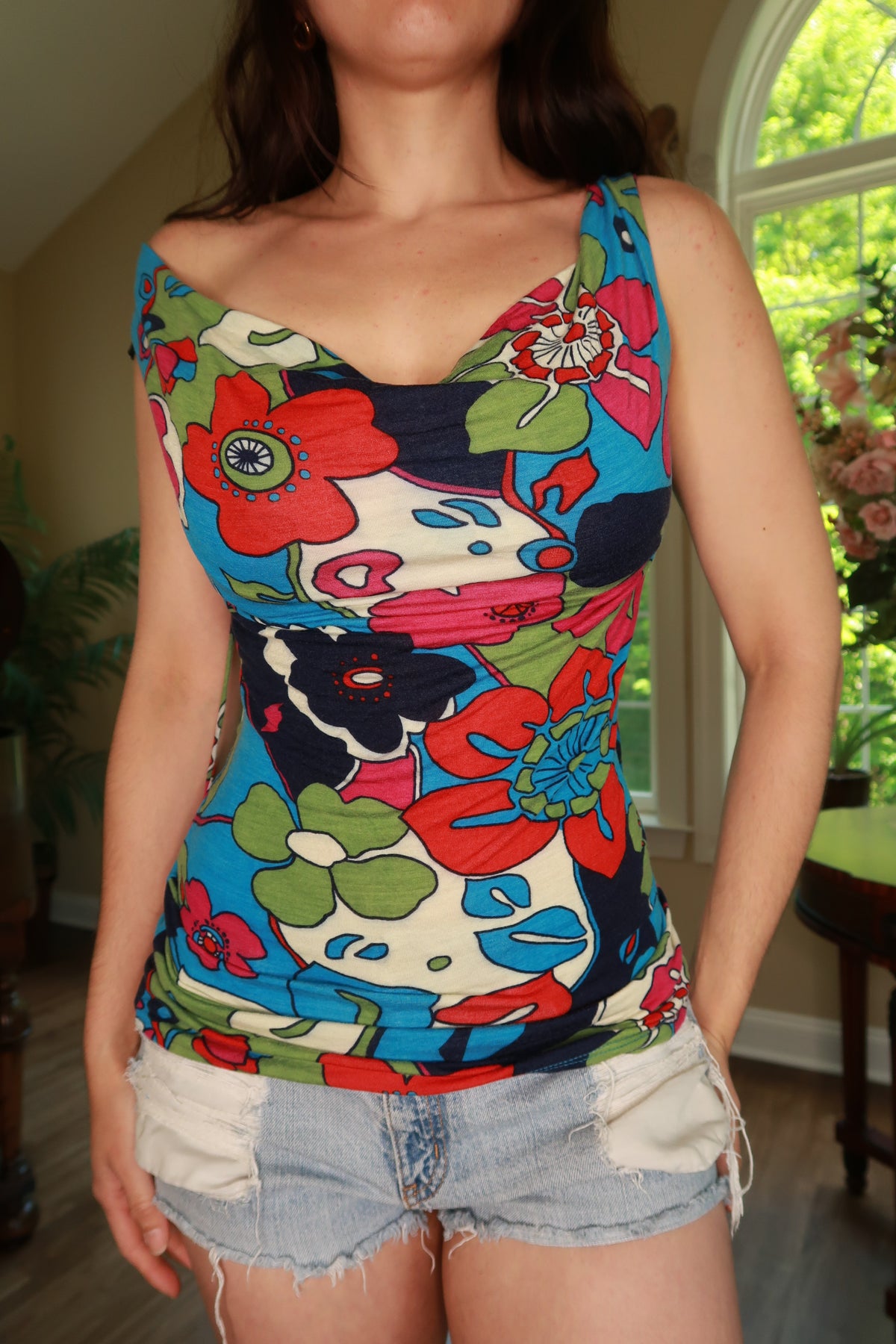 Elektra Vintage women's open back cowl neck top with vintage floral pattern, lightweight fabric, and flowing style.
