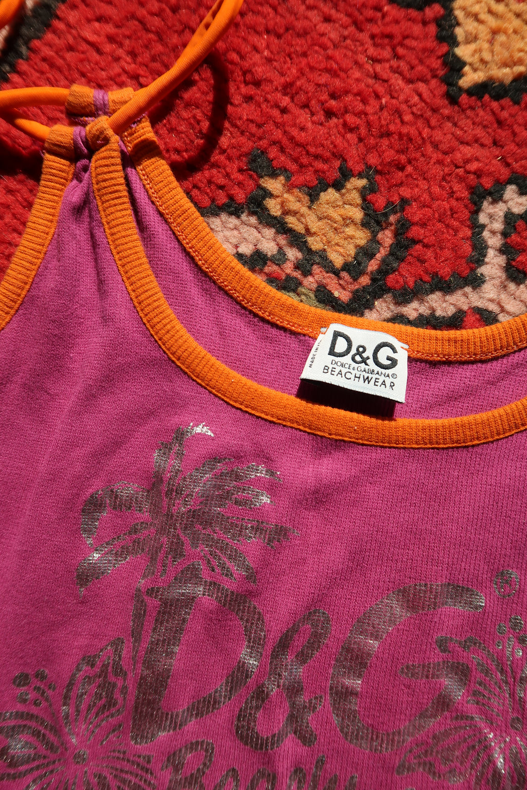 Vintage Dolce & Gabbana purple ribbed metallic logo cami beachwear top for women, showcasing Y2K style and design.