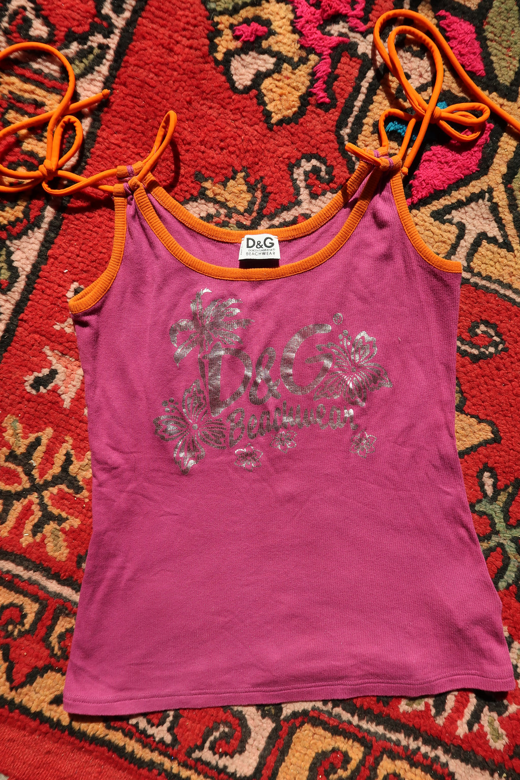 Vintage Dolce & Gabbana purple ribbed metallic logo cami beachwear top for women, featuring a stylish Y2K design.