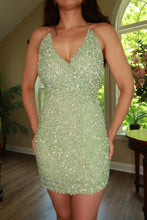Load image into Gallery viewer, Vintage Aqua Green Beaded Sequin Halter Mini Dress
