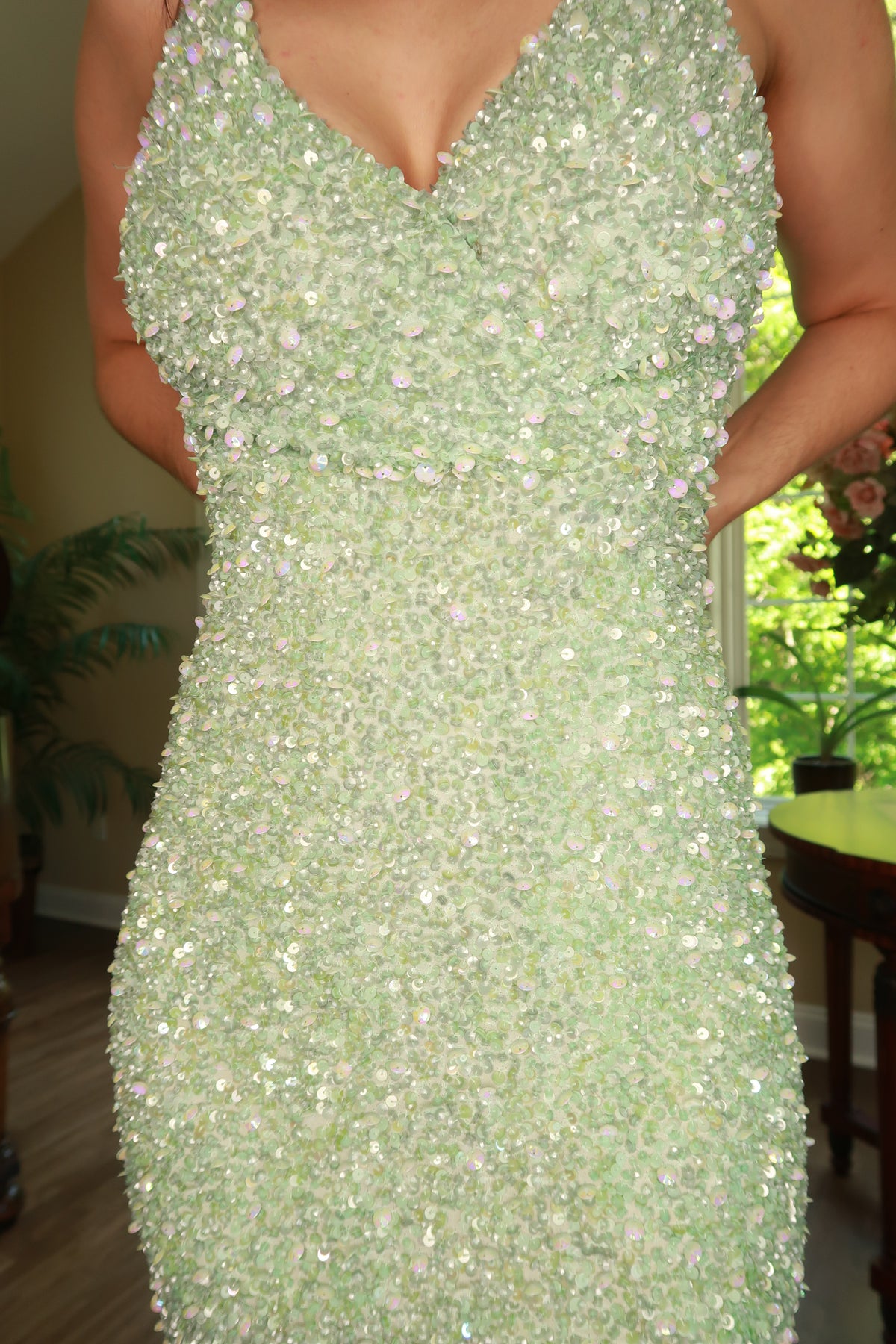 Aqua green beaded sequin halter mini dress from Elektra Vintage featuring intricate beadwork and a fitted silhouette.