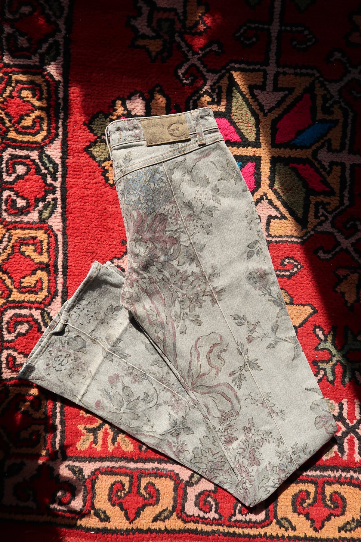 Vintage Just Cavalli Low-Rise Jeans – Metallic Floral Brocade Print Denim
