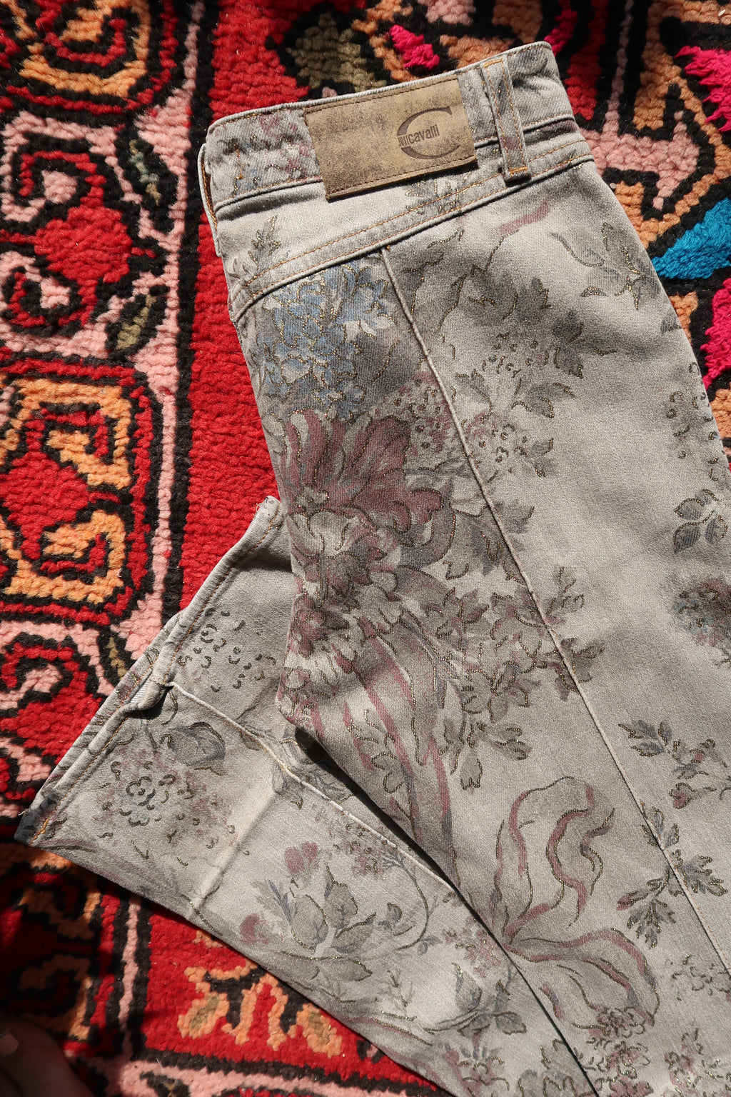 Vintage Just Cavalli Low-Rise Jeans – Metallic Floral Brocade Print Denim