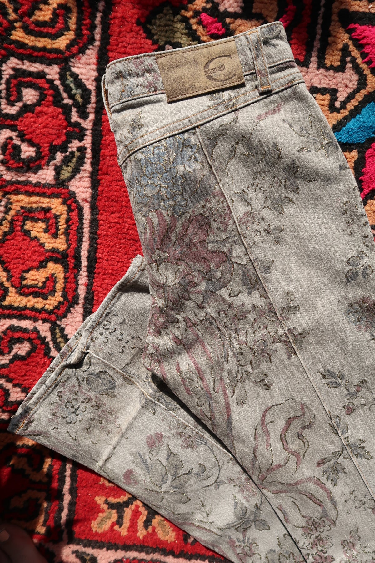 Vintage Just Cavalli Low-Rise Jeans – Metallic Floral Brocade Print Denim