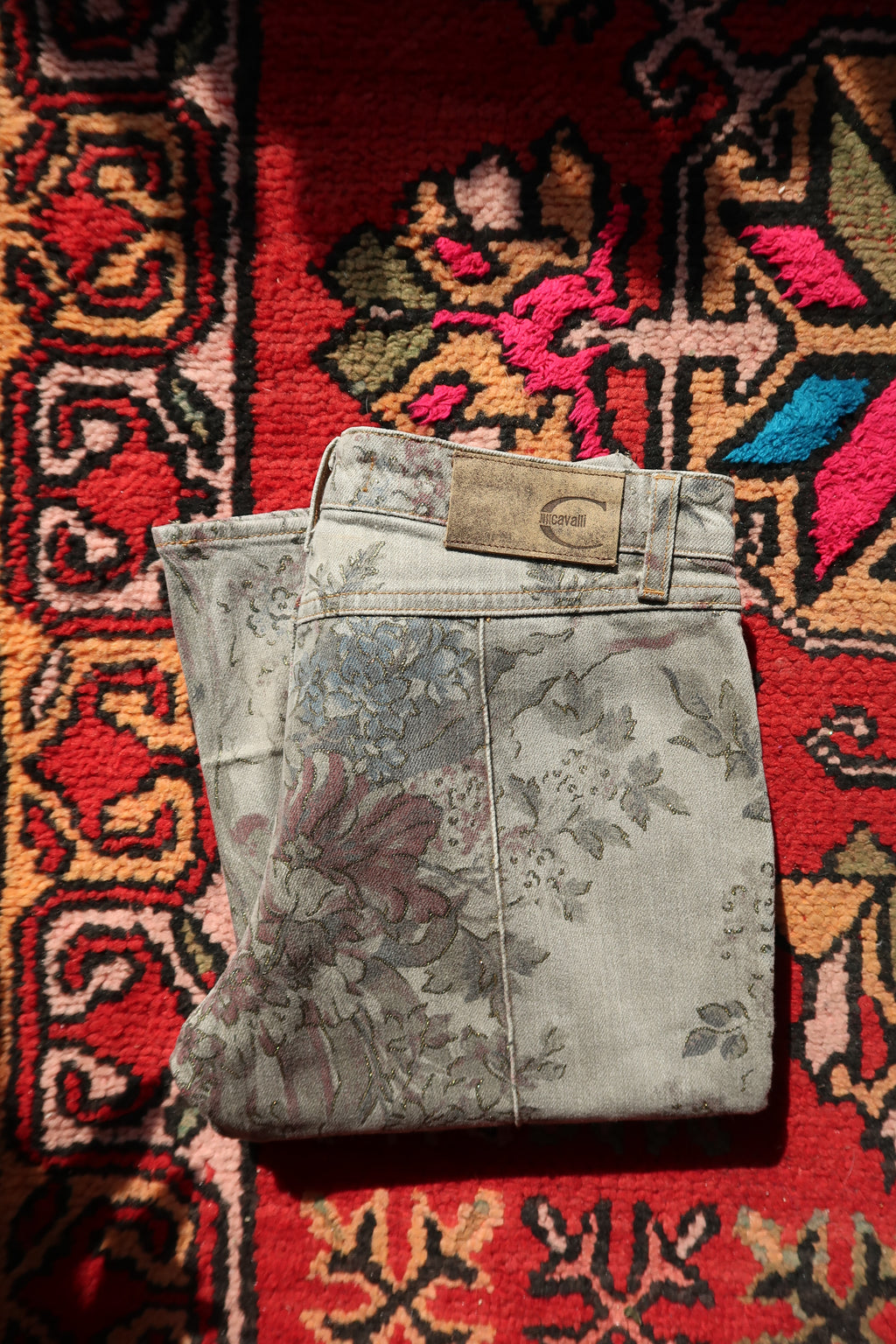 Vintage Just Cavalli Low-Rise Jeans – Metallic Floral Brocade Print Denim