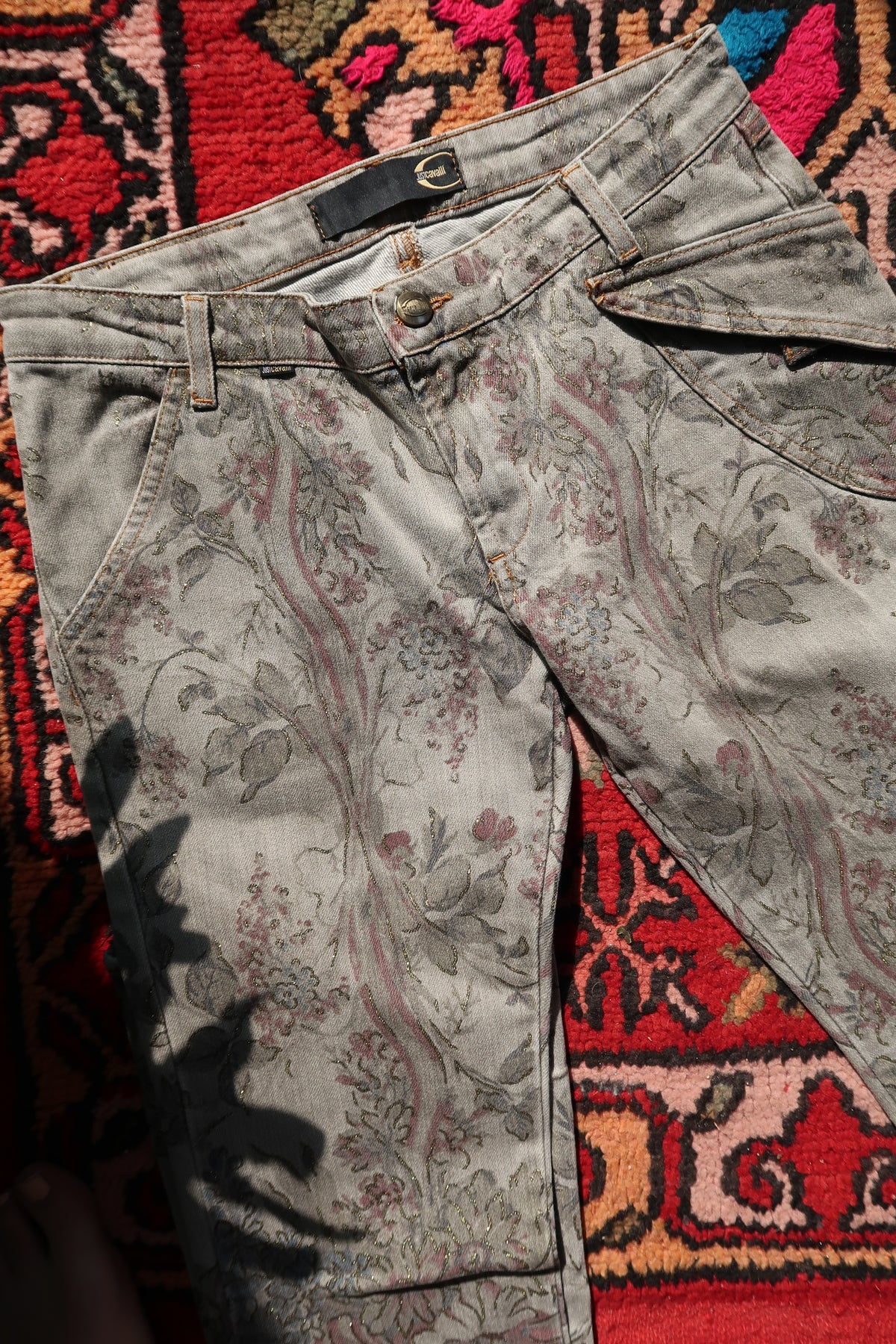 Vintage Just Cavalli Low-Rise Jeans – Metallic Floral Brocade Print Denim